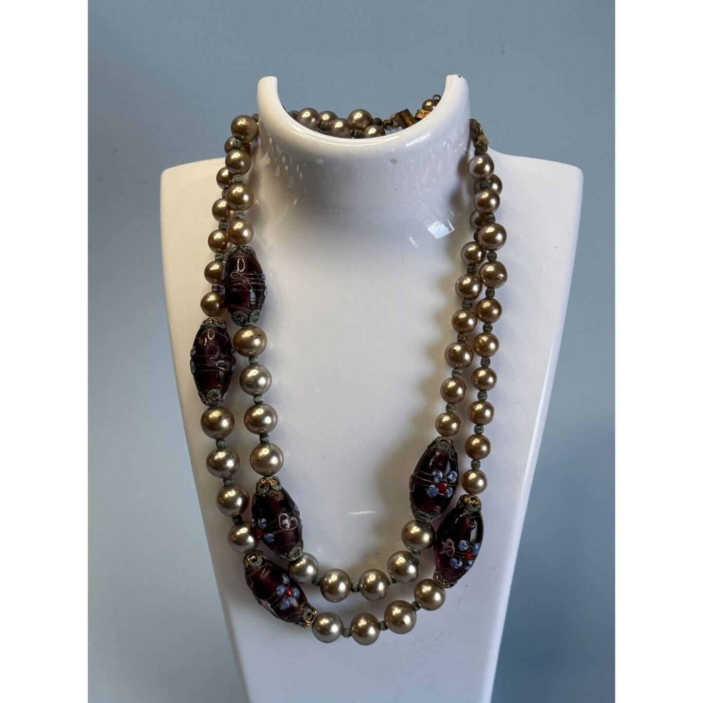 Vintage Japan Cultured Pearl Necklace With Glass Lampwork Beads 16" Elegant Jewelry Piece For Women