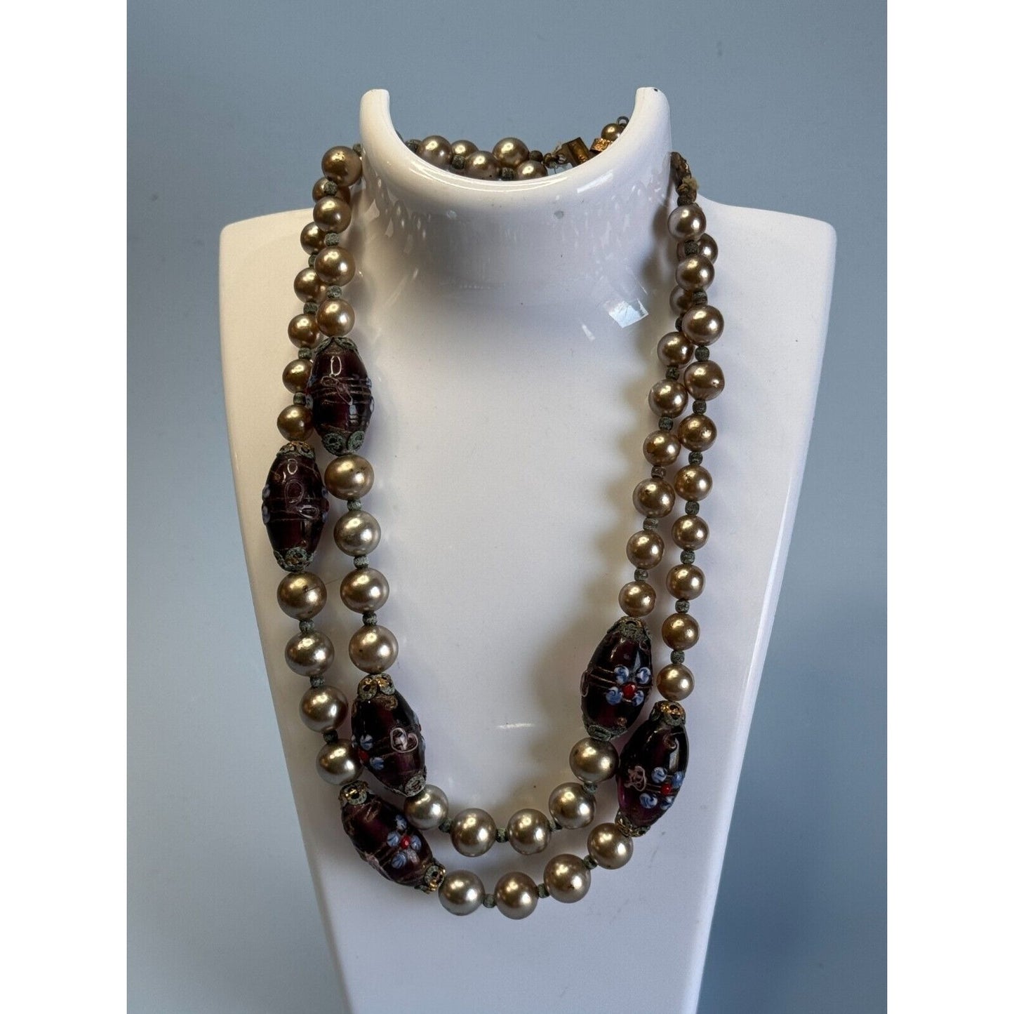 Vintage Japan Cultured Pearl Necklace With Glass Lampwork Beads 16" Elegant Jewelry Piece For Women