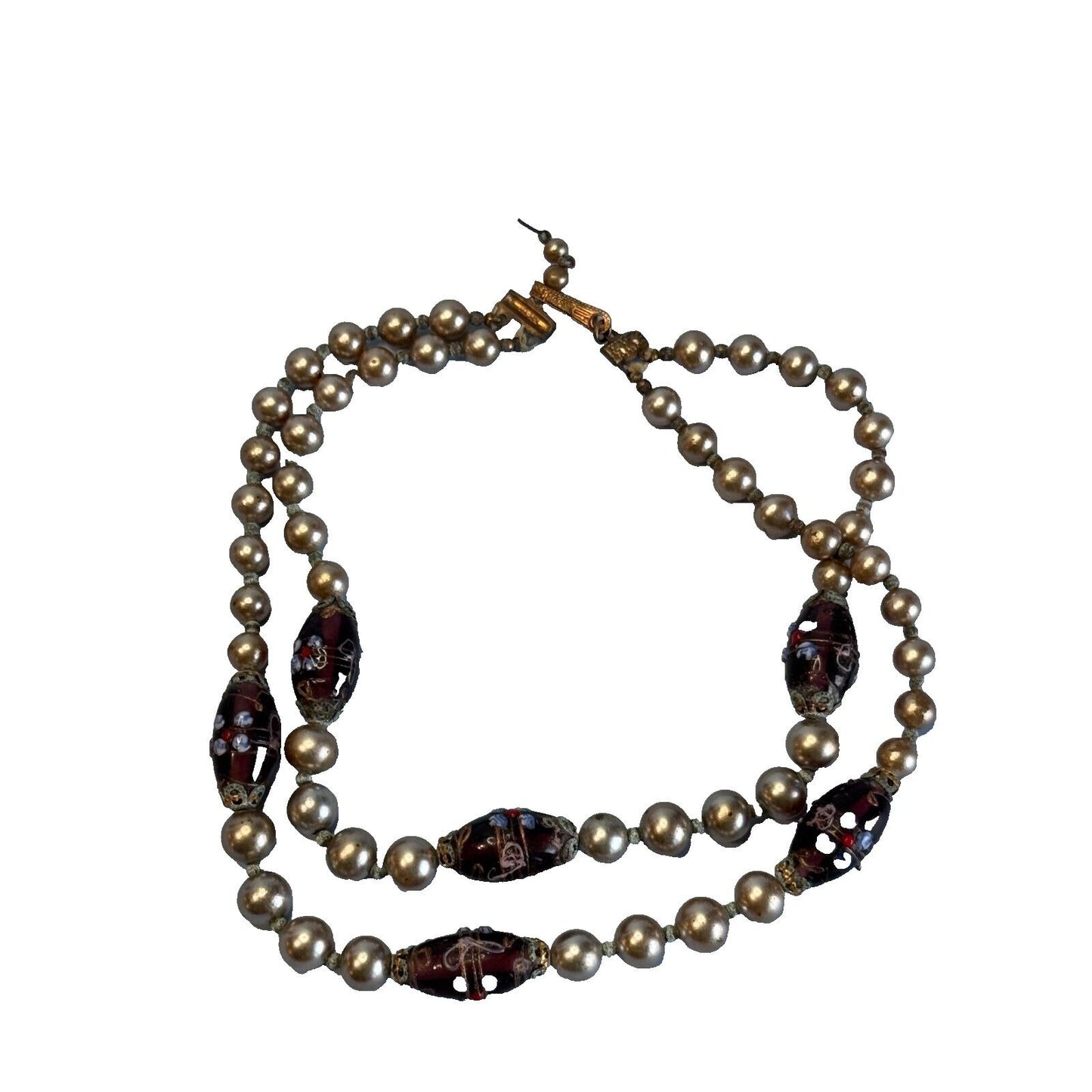 Vintage Japan Cultured Pearl Necklace With Glass Lampwork Beads 16" Elegant Jewelry Piece For Women