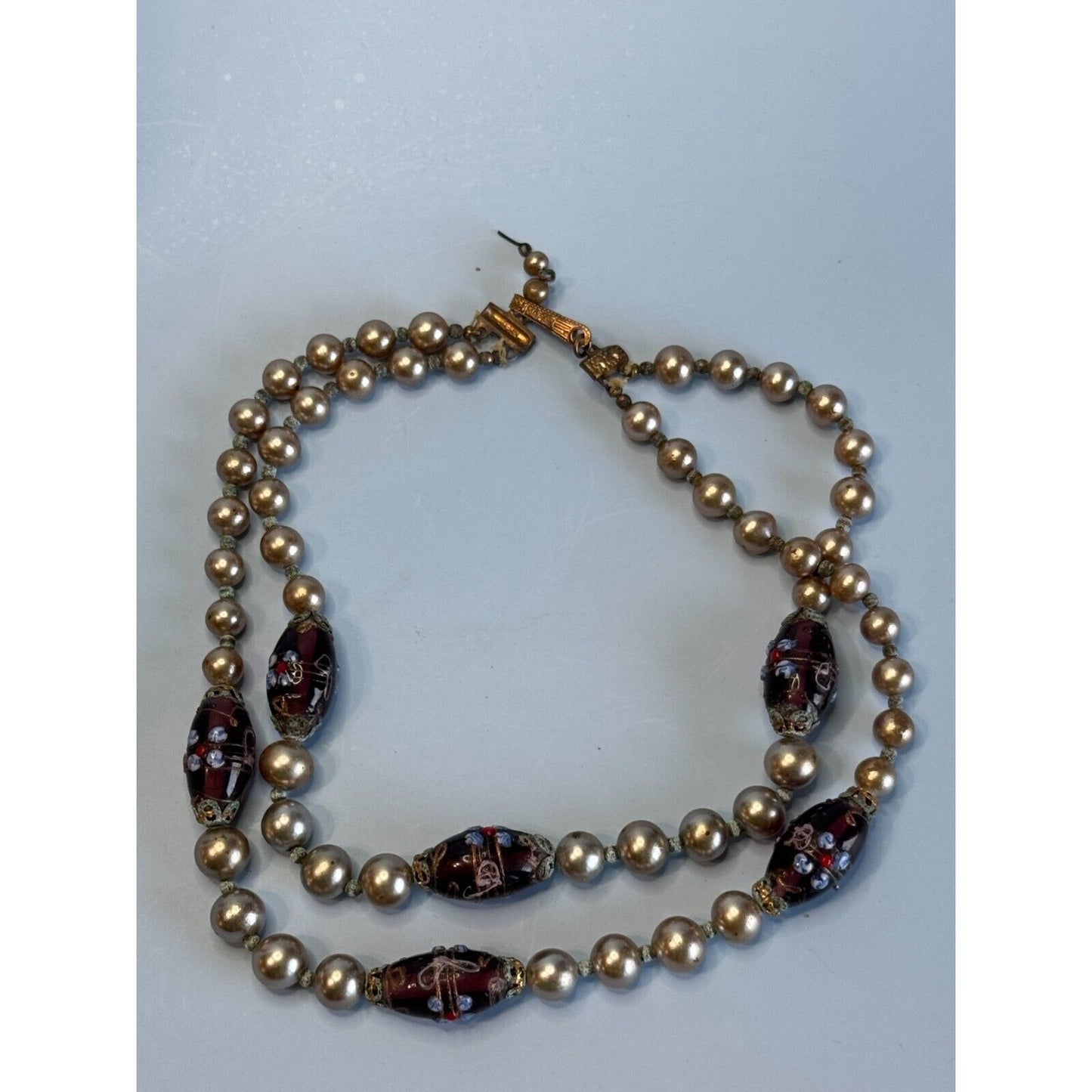 Vintage Japan Cultured Pearl Necklace With Glass Lampwork Beads 16" Elegant Jewelry Piece For Women