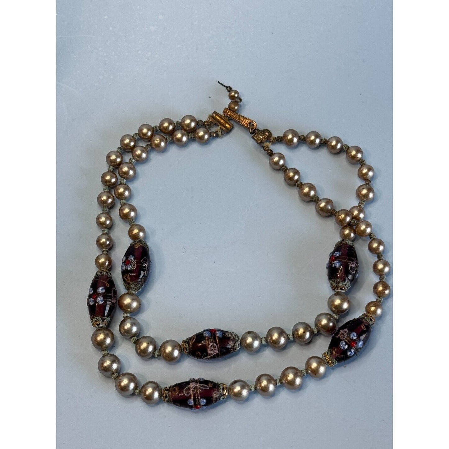 Vintage Japan Cultured Pearl Necklace With Glass Lampwork Beads 16" Elegant Jewelry Piece For Women