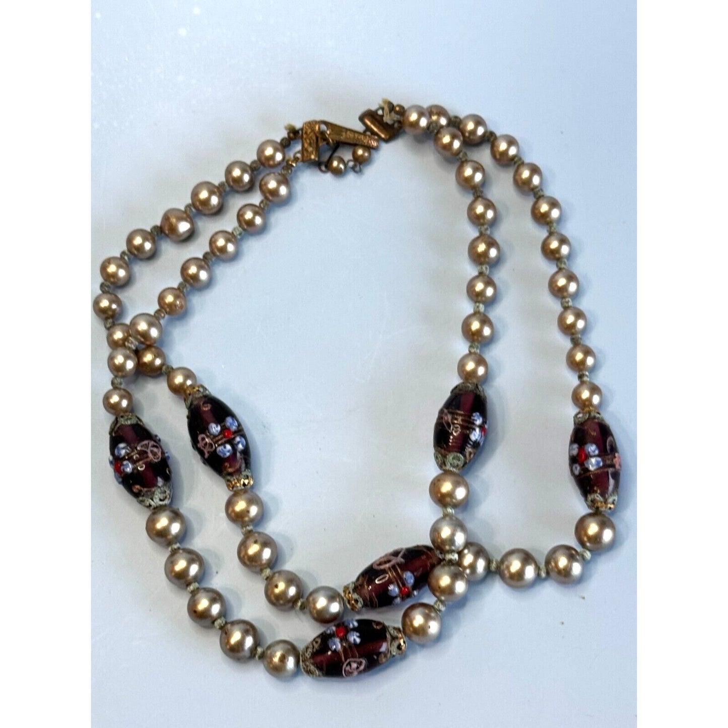 Vintage Japan Cultured Pearl Necklace With Glass Lampwork Beads 16" Elegant Jewelry Piece For Women