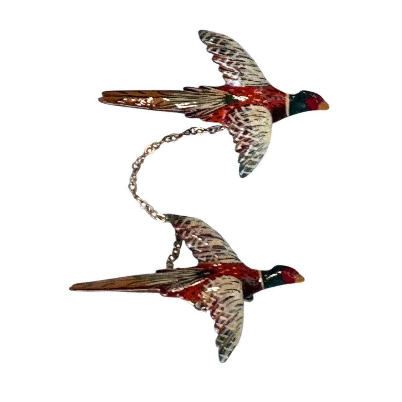 Vintage Carved Wooden Pheasant Bird Brooch Pin Hand Painted Takahashi Style