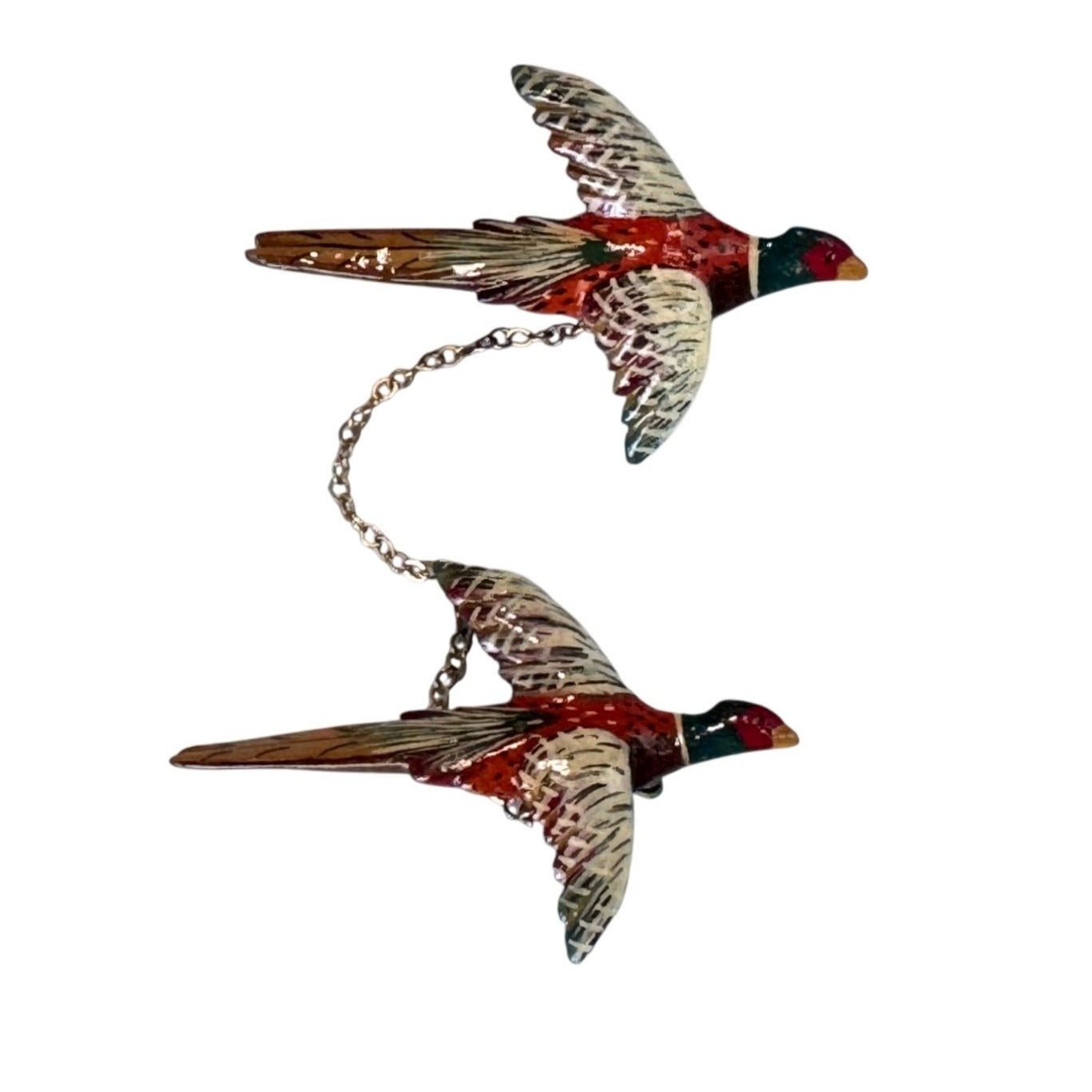 Vintage Carved Wooden Pheasant Bird Brooch Pin Hand Painted Takahashi Style