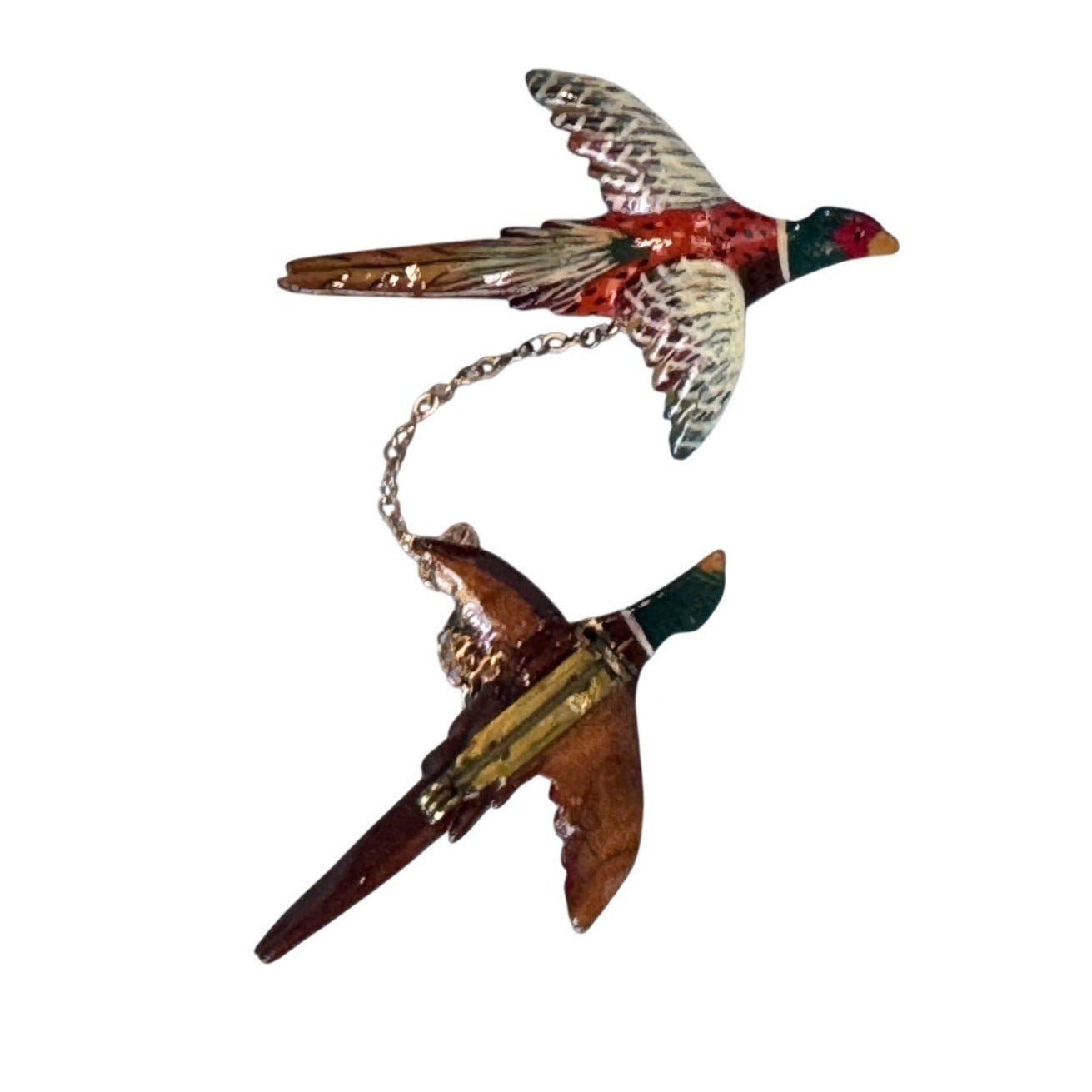 Vintage Carved Wooden Pheasant Bird Brooch Pin Hand Painted Takahashi Style