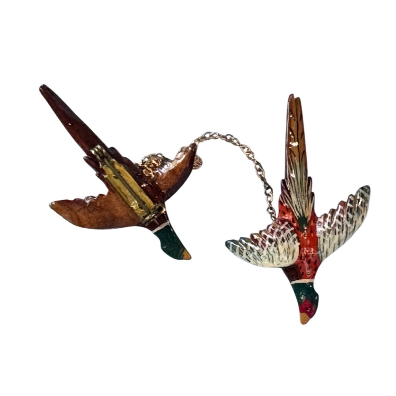 Vintage Carved Wooden Pheasant Bird Brooch Pin Hand Painted Takahashi Style