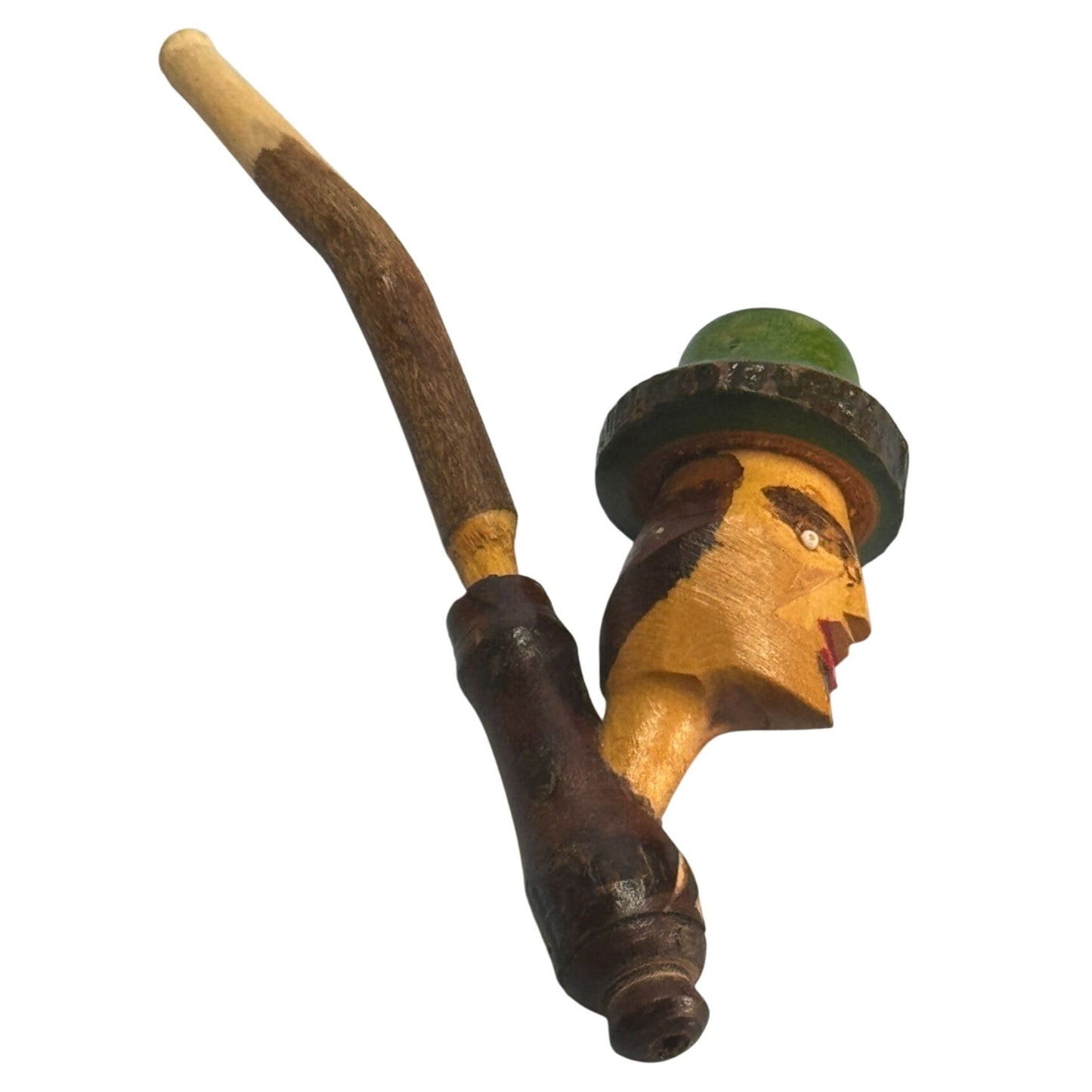 Hand-Carved Italian Character Pipe Wood Green Yellow Mid Century Decorative