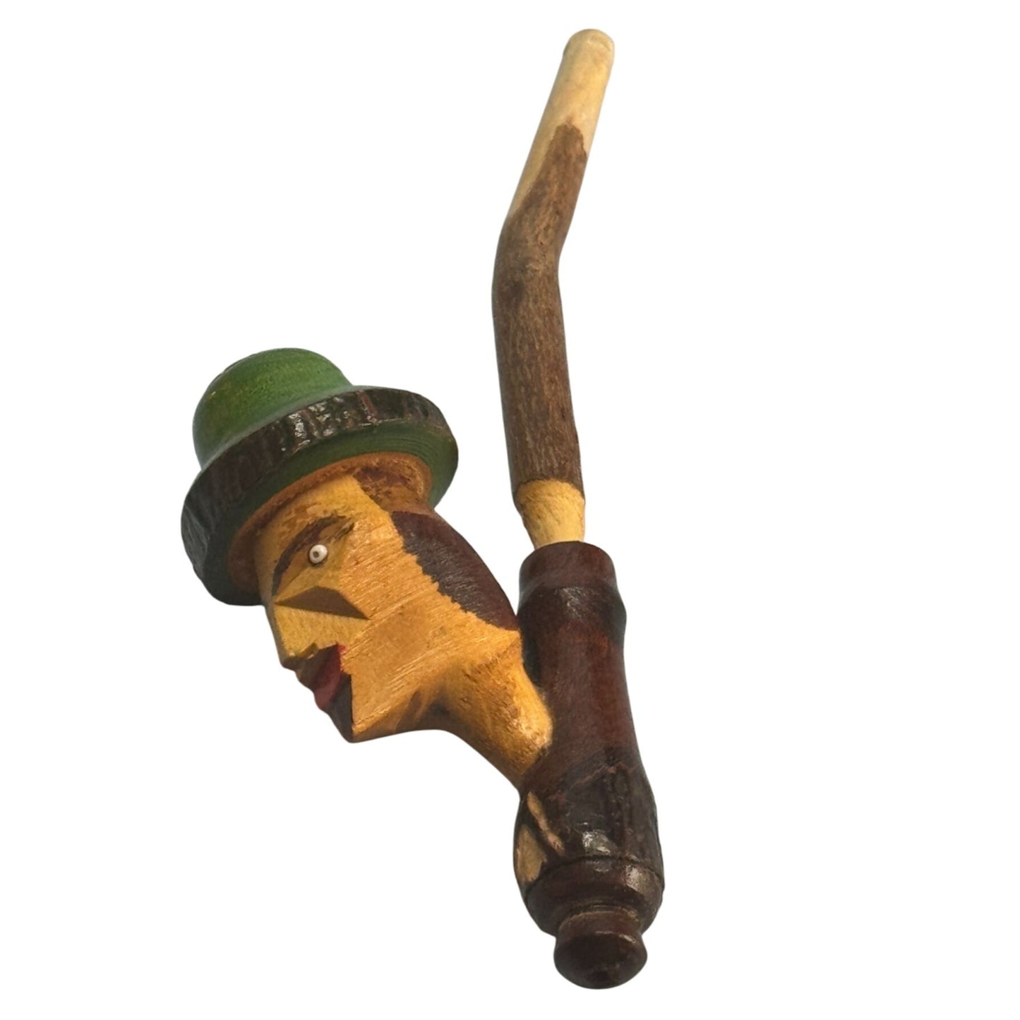Hand-Carved Italian Character Pipe Wood Green Yellow Mid Century Decorative