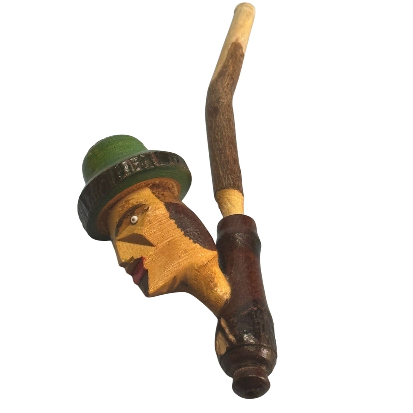 Hand-Carved Italian Character Pipe Wood Green Yellow Mid Century Decorative