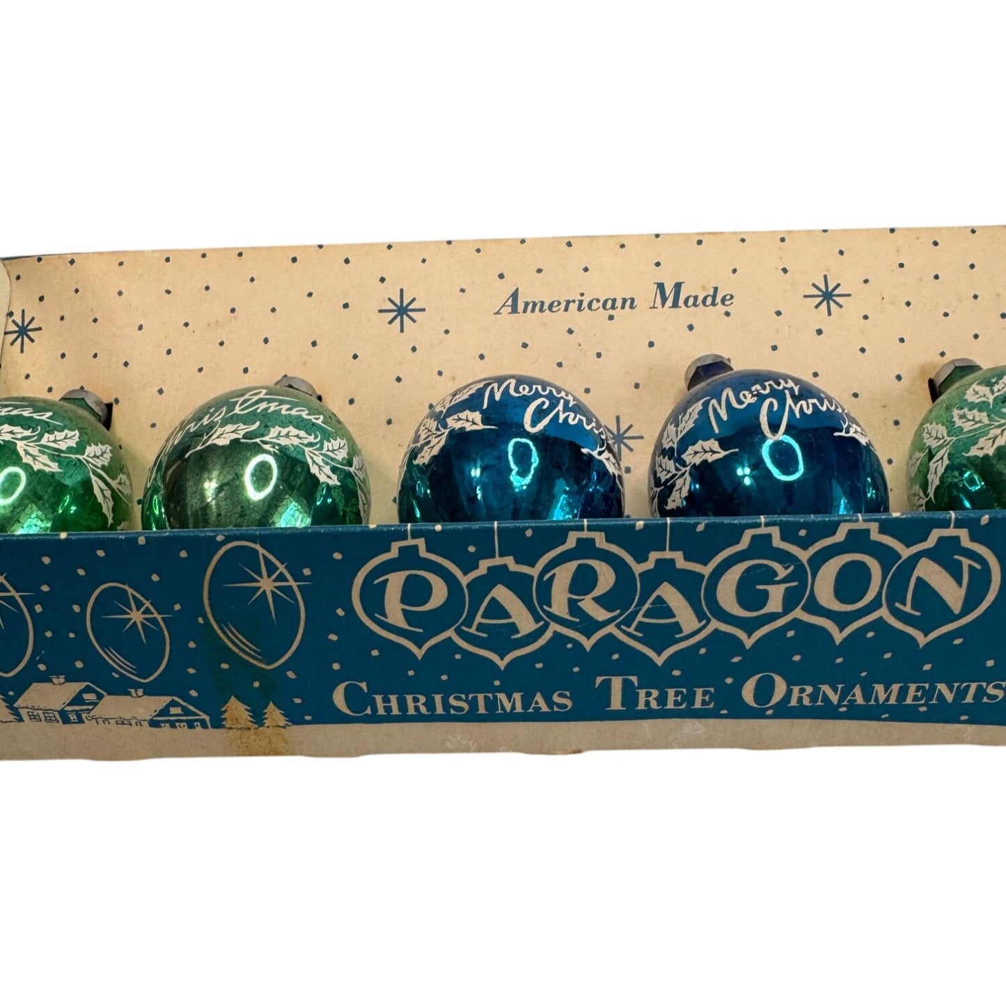 Paragon Christmas Tree Ornaments Set Green Red Blue Glass Vintage Boxed