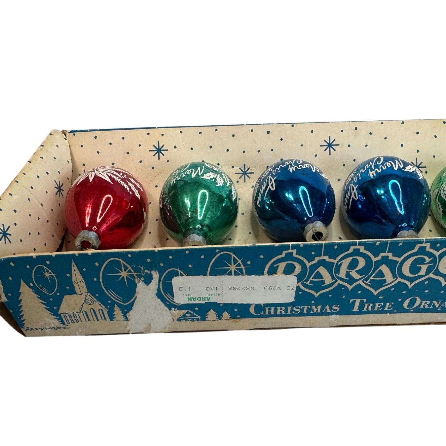 Paragon Christmas Tree Ornaments Set Green Red Blue Glass Vintage Boxed