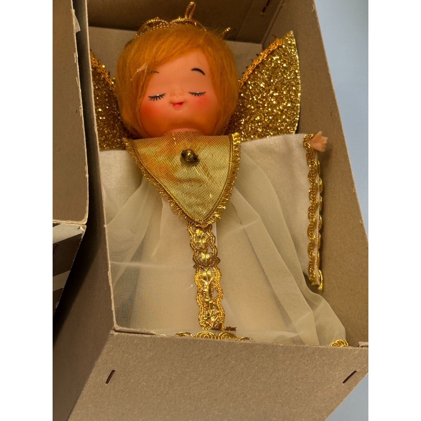 Vintage Angel Tree Topper 6.5" Japan Montgomery Ward 1960 Gold & White W/Box