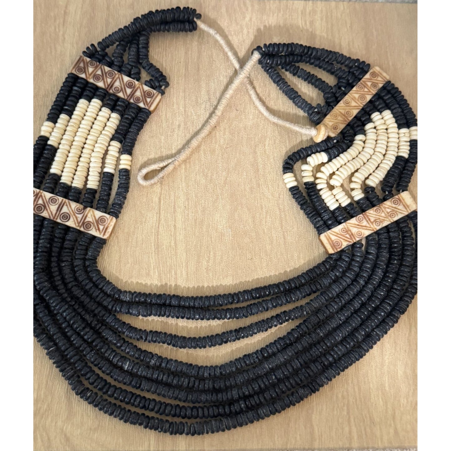Vintage Tribal Multistrand Black White Beaded Necklace Carved Accents Southwest