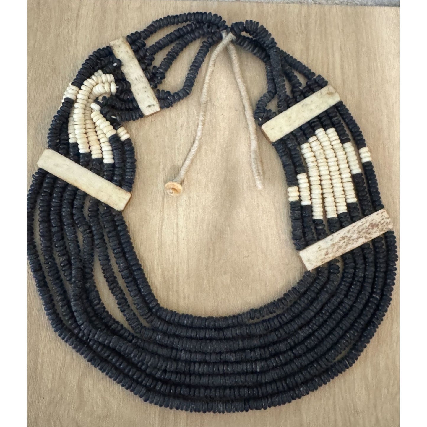 Vintage Tribal Multistrand Black White Beaded Necklace Carved Accents Southwest