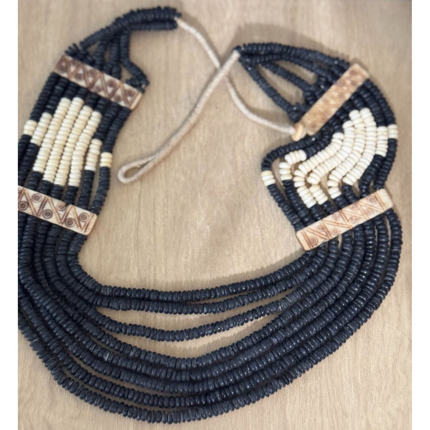 Vintage Tribal Multistrand Black White Beaded Necklace Carved Accents Southwest