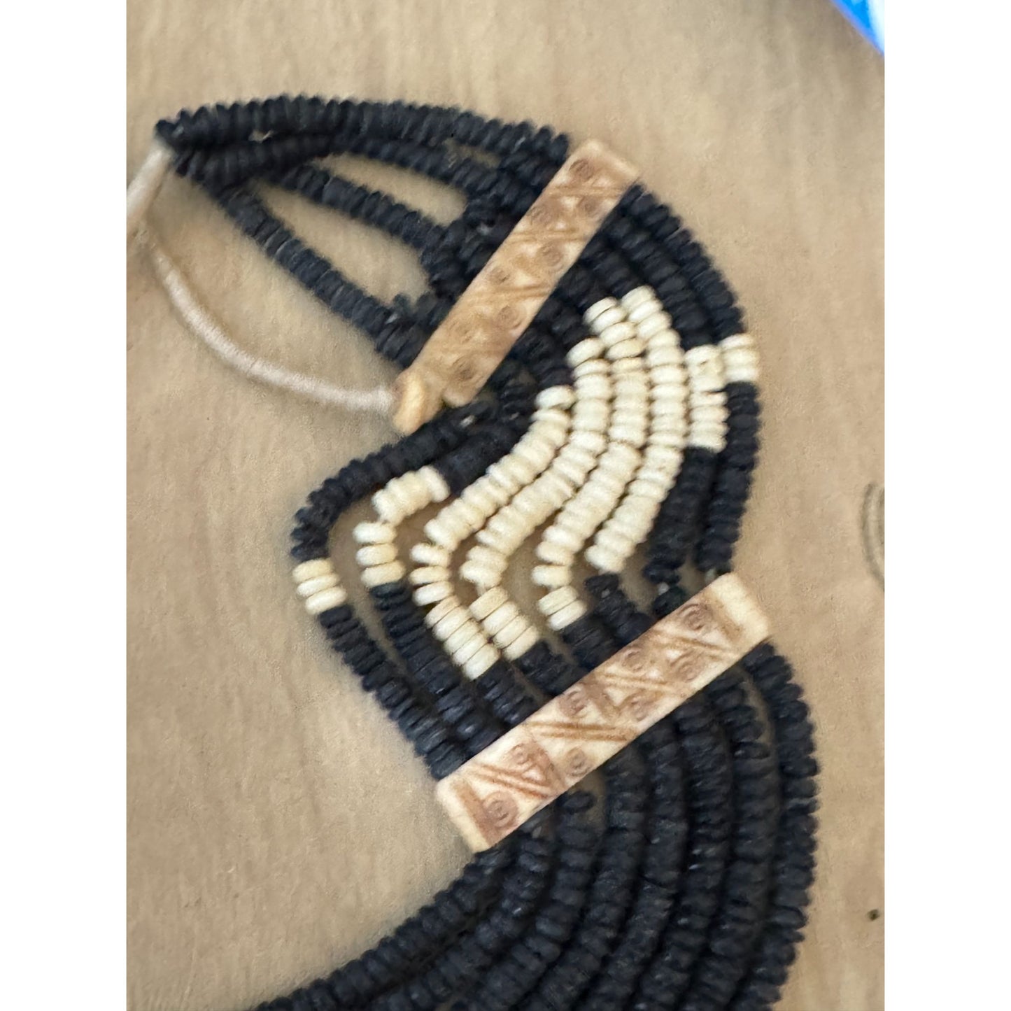 Vintage Tribal Multistrand Black White Beaded Necklace Carved Accents Southwest