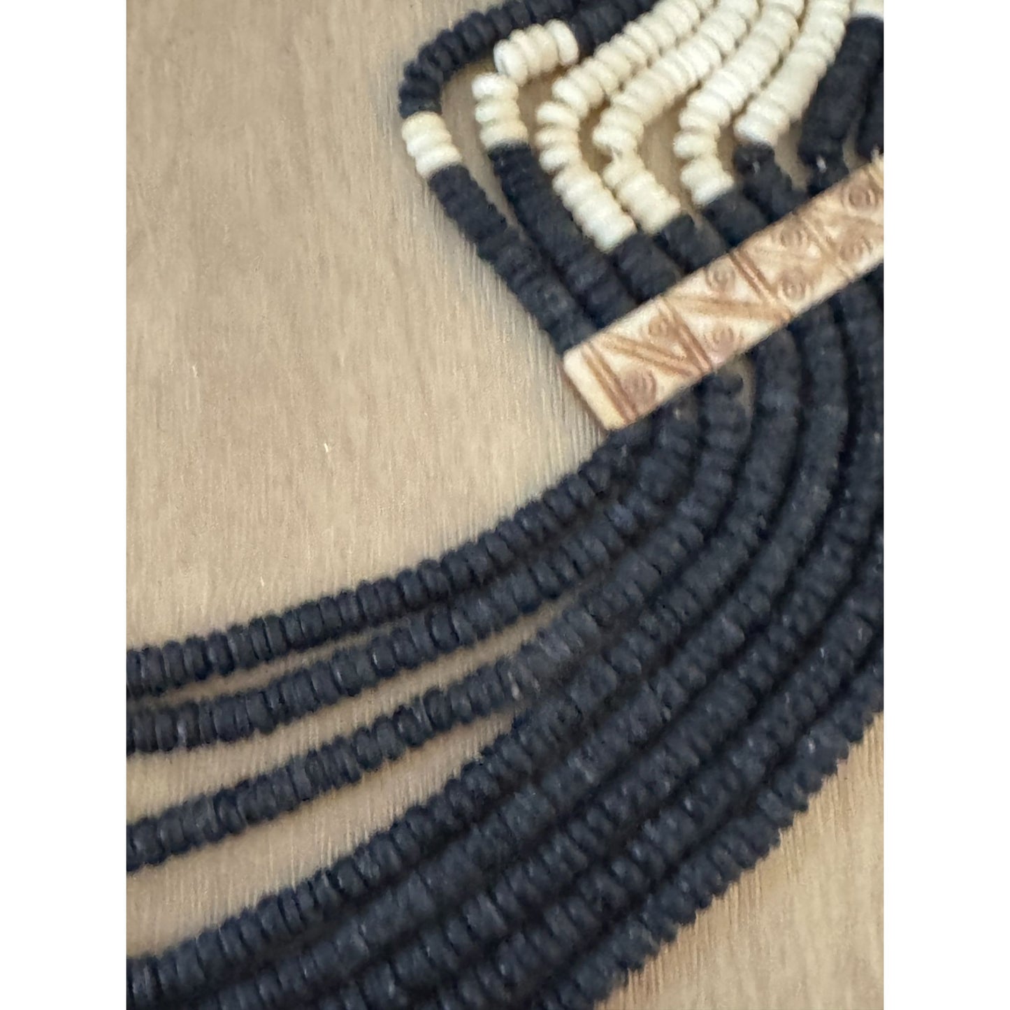 Vintage Tribal Multistrand Black White Beaded Necklace Carved Accents Southwest