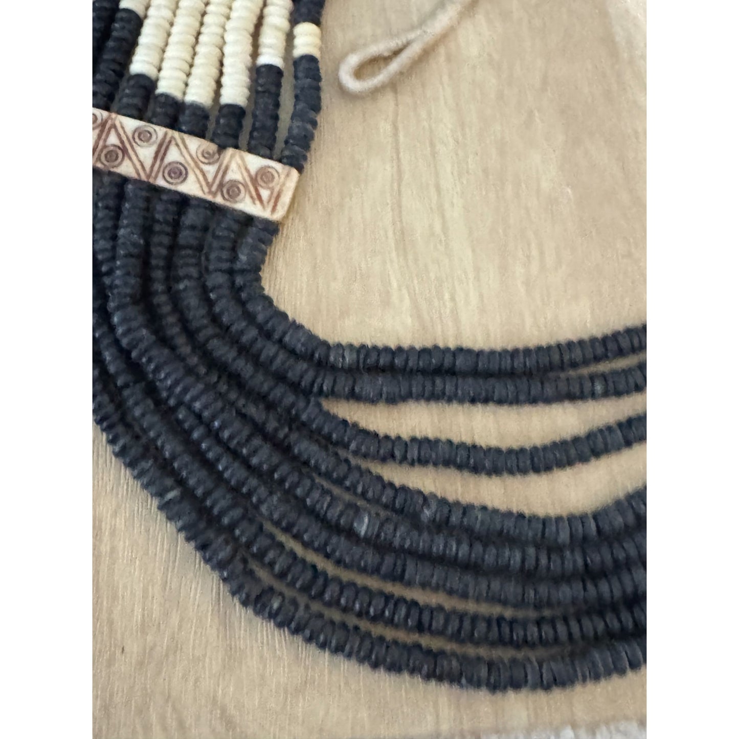 Vintage Tribal Multistrand Black White Beaded Necklace Carved Accents Southwest