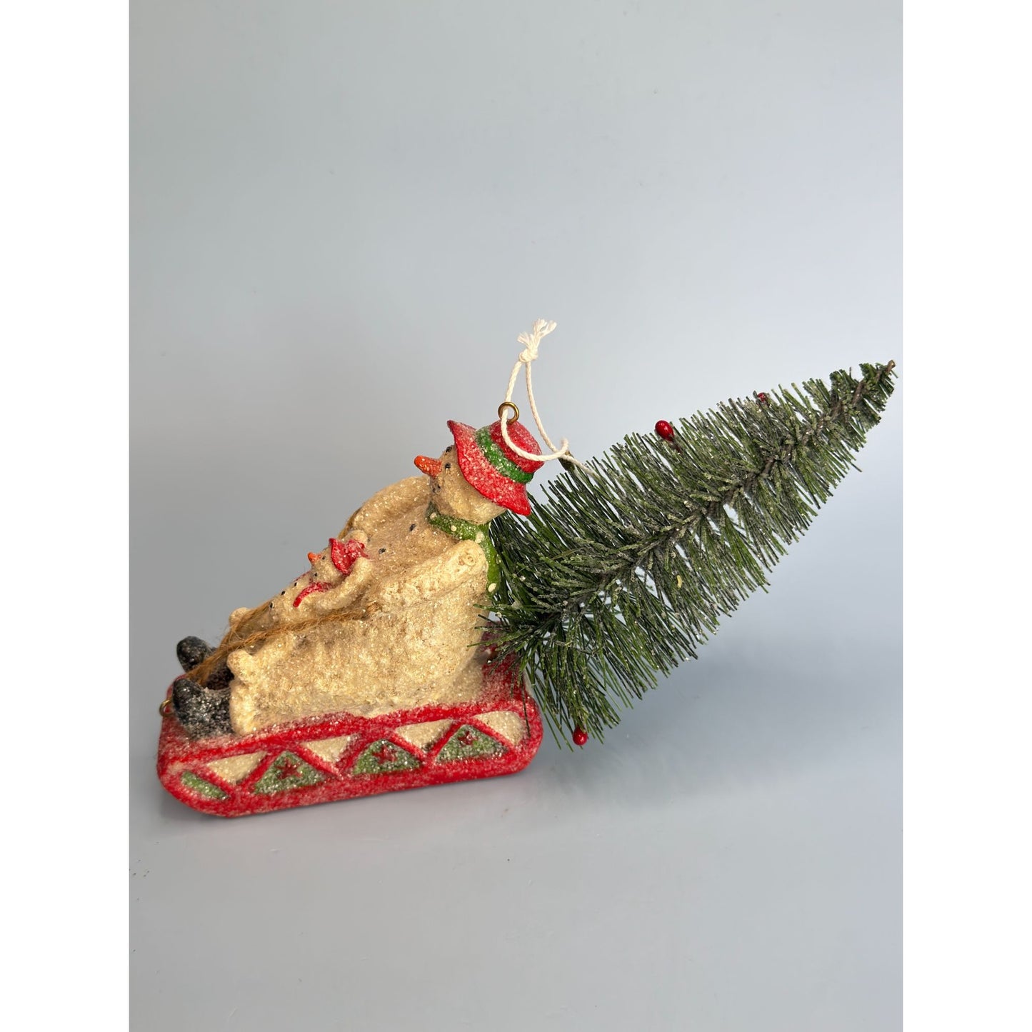 Snowman & Snowchild Sledding with Bottle Brush Christmas Tree Ornament