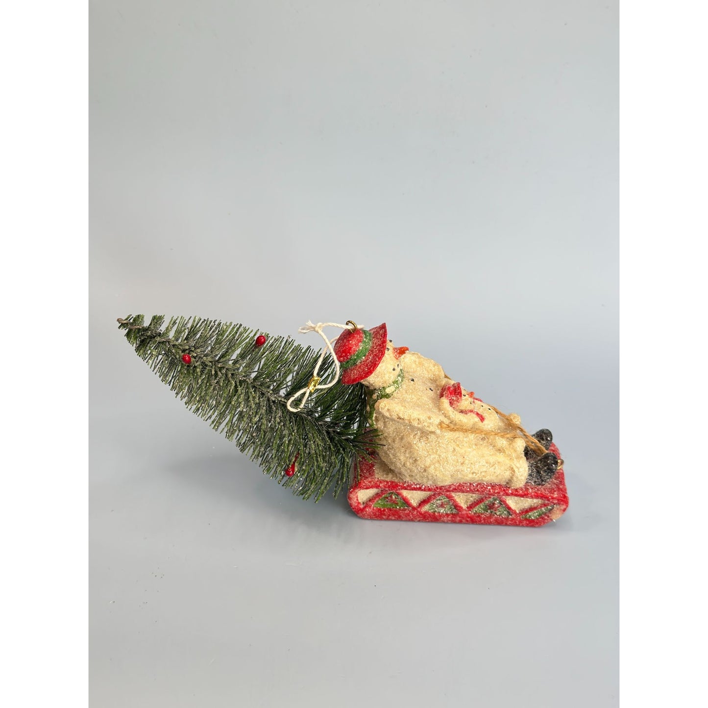 Snowman & Snowchild Sledding with Bottle Brush Christmas Tree Ornament