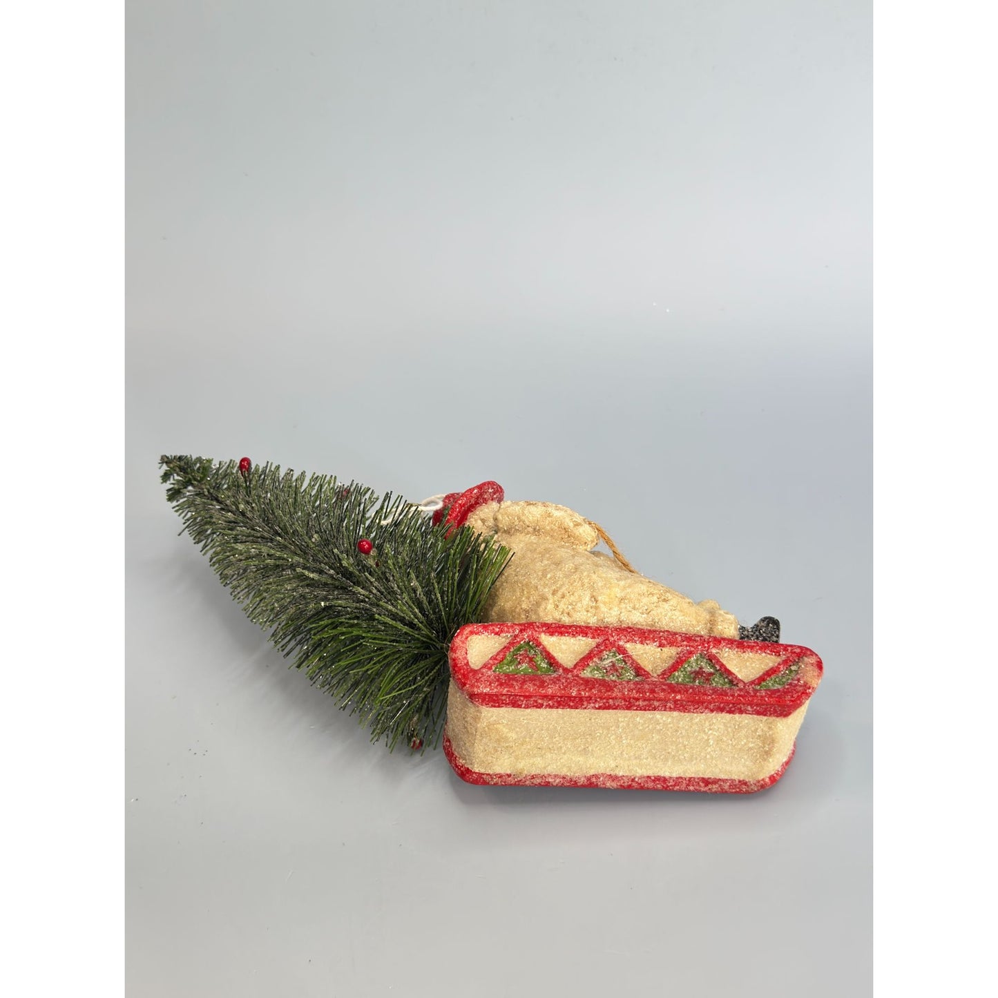 Snowman & Snowchild Sledding with Bottle Brush Christmas Tree Ornament
