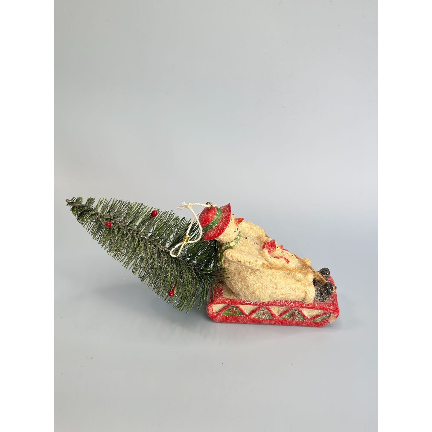 Snowman & Snowchild Sledding with Bottle Brush Christmas Tree Ornament