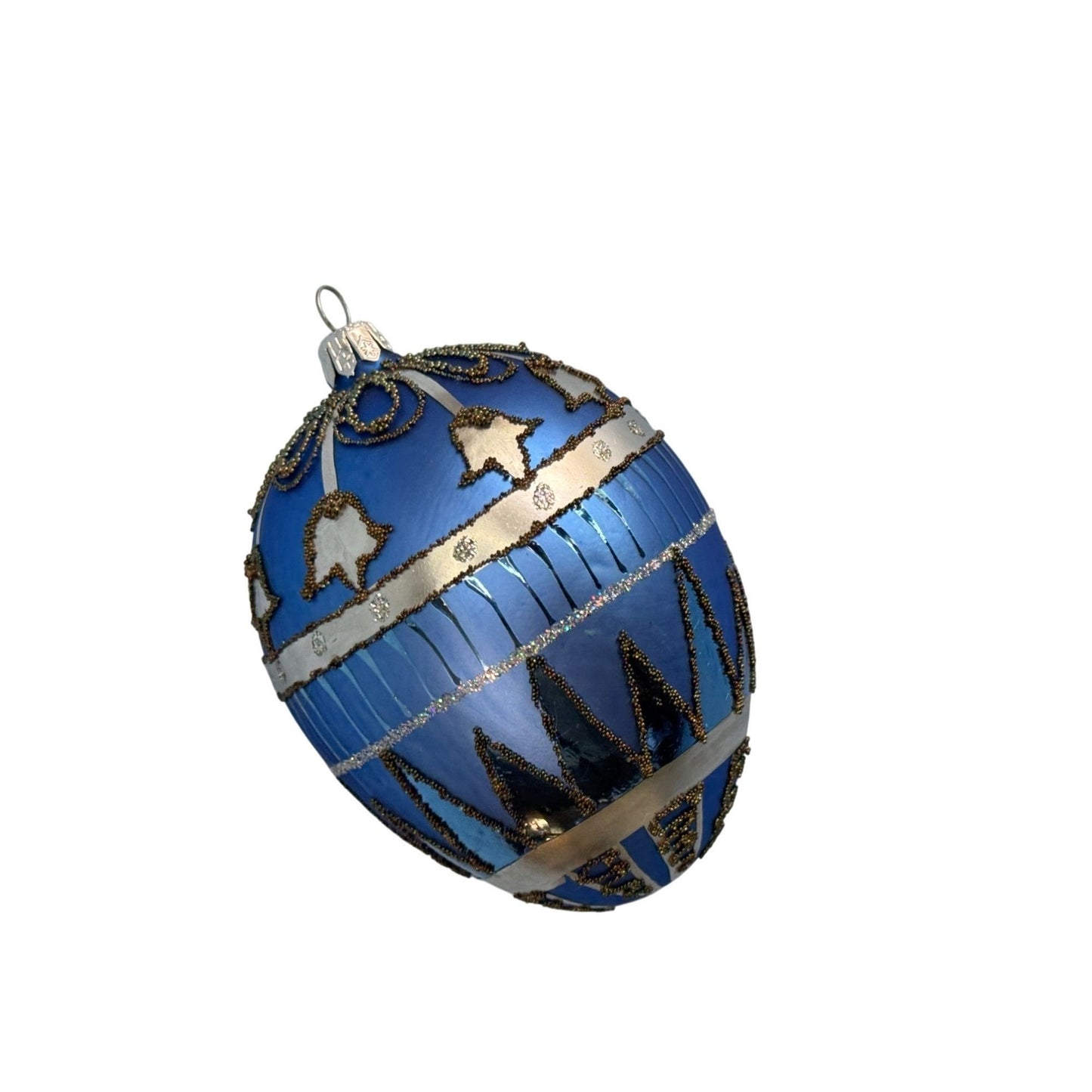 Handcrafted Blue Glass Ornament With Black & Silver Glitter Details 5" Holiday Decoration