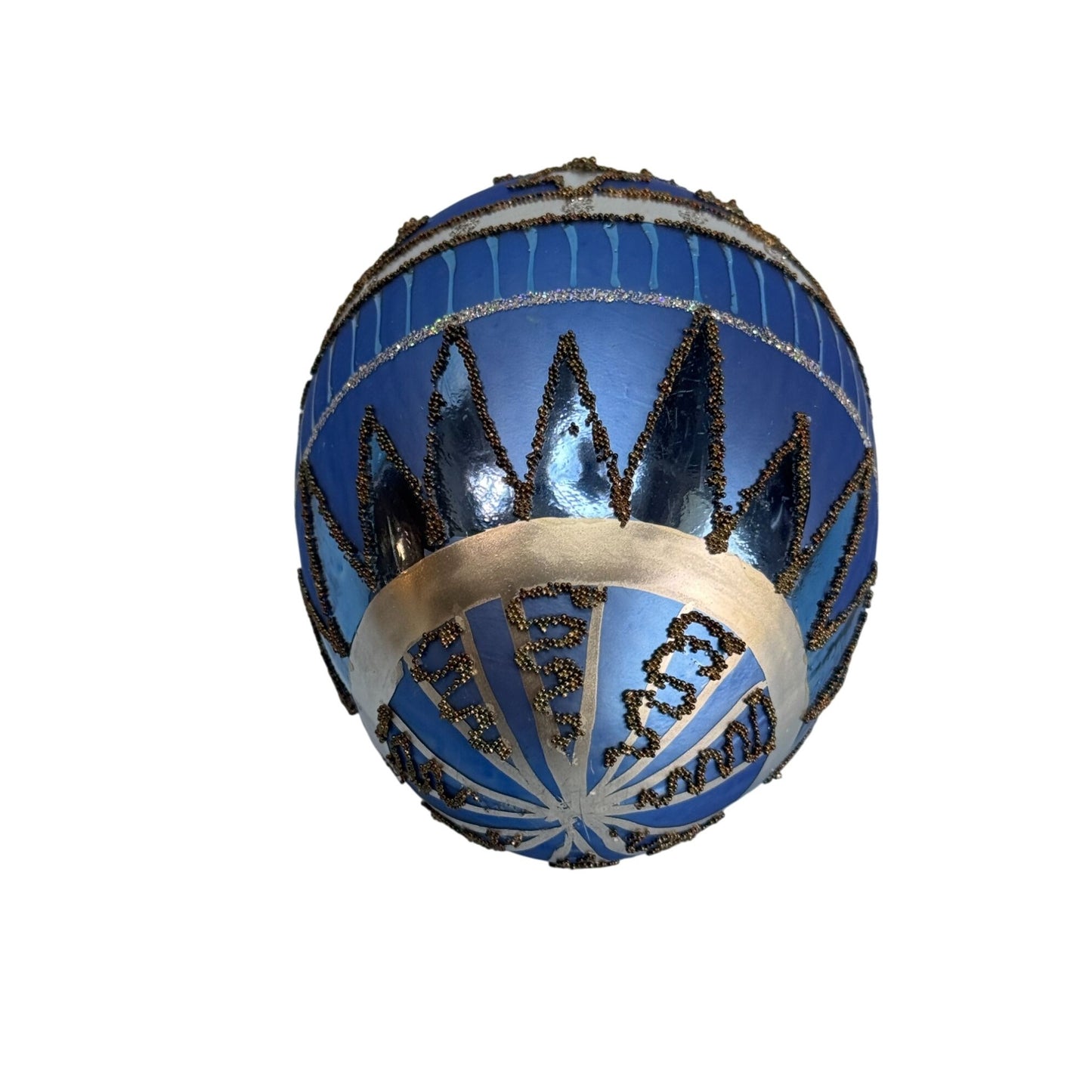 Handcrafted Blue Glass Ornament With Black & Silver Glitter Details 5" Holiday Decoration