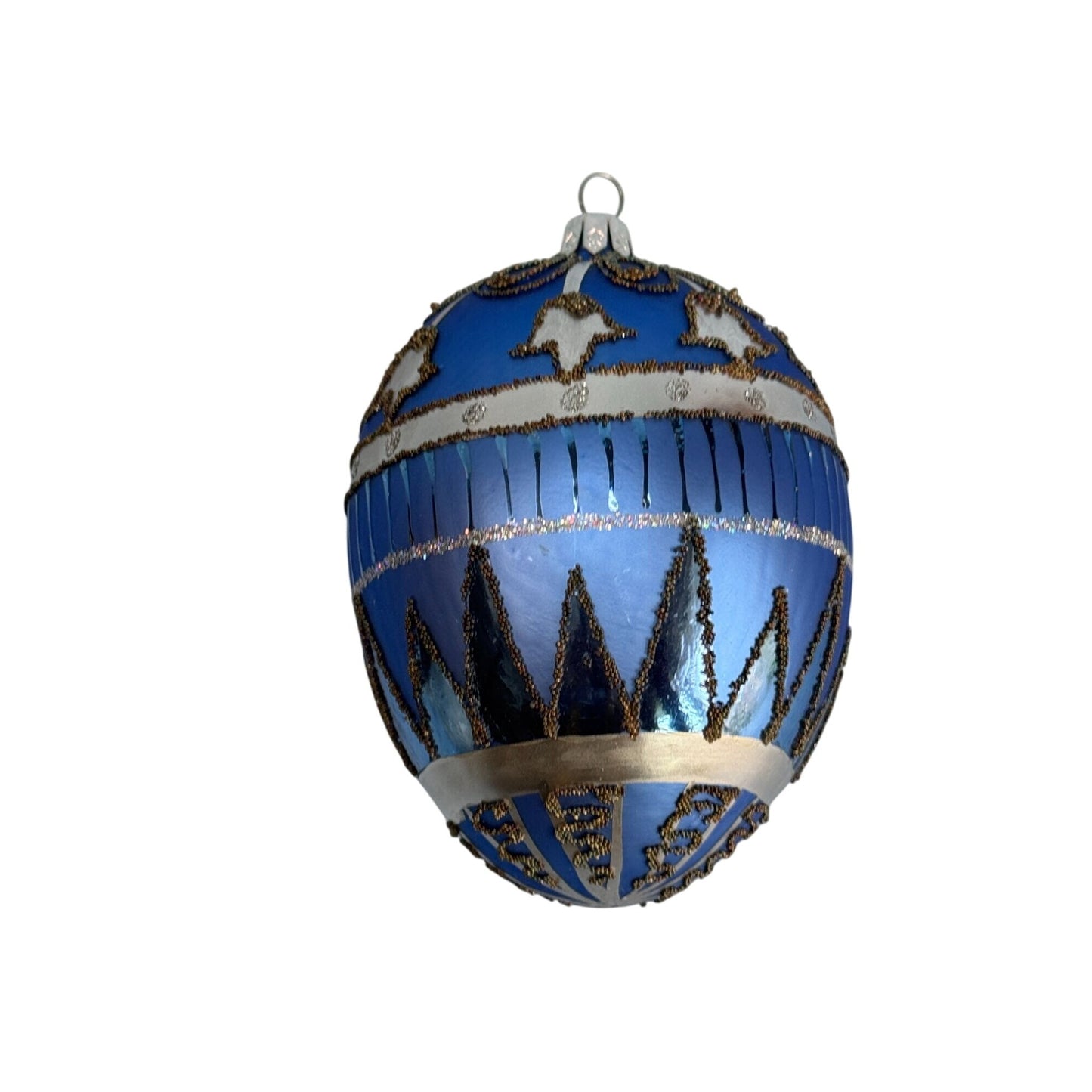 Handcrafted Blue Glass Ornament With Black & Silver Glitter Details 5" Holiday Decoration