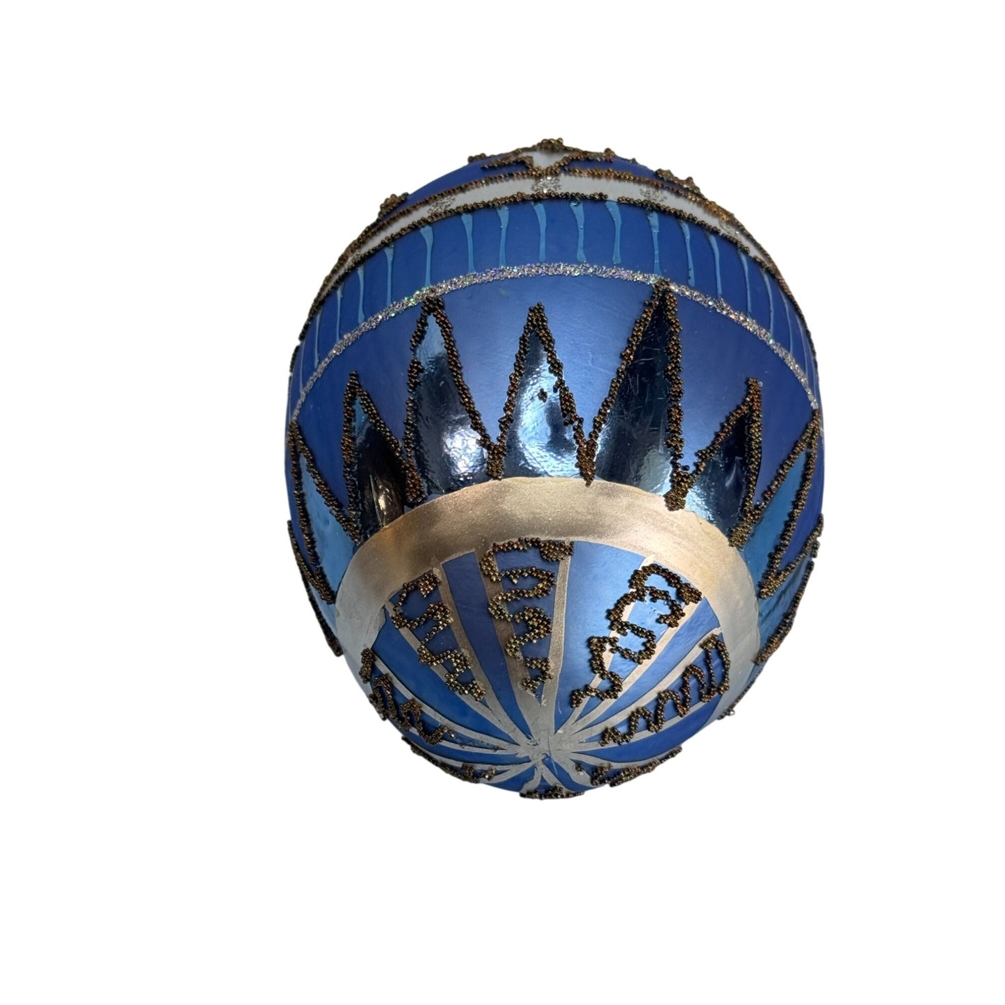 Handcrafted Blue Glass Ornament With Black & Silver Glitter Details 5" Holiday Decoration
