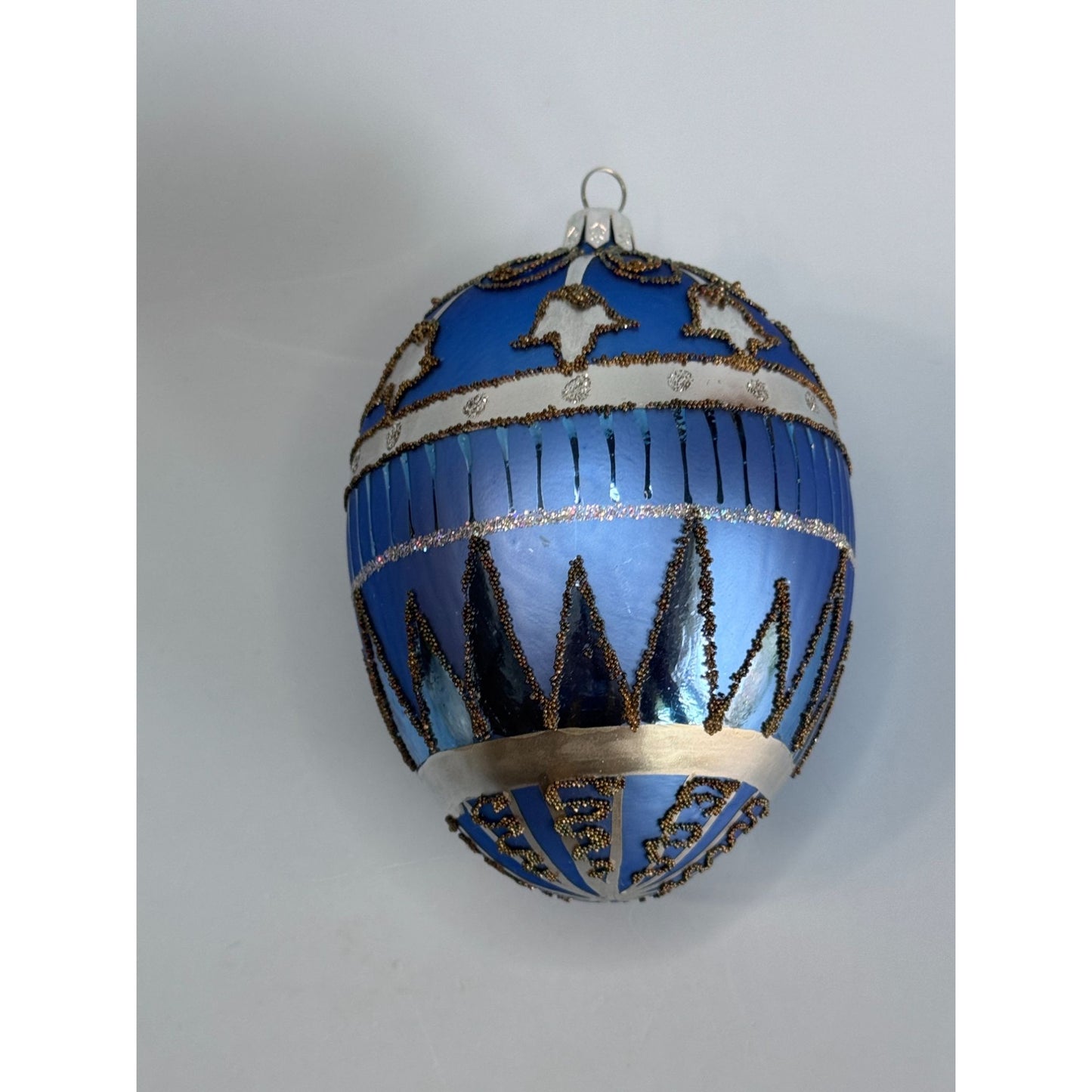 Handcrafted Blue Glass Ornament With Black & Silver Glitter Details 5" Holiday Decoration