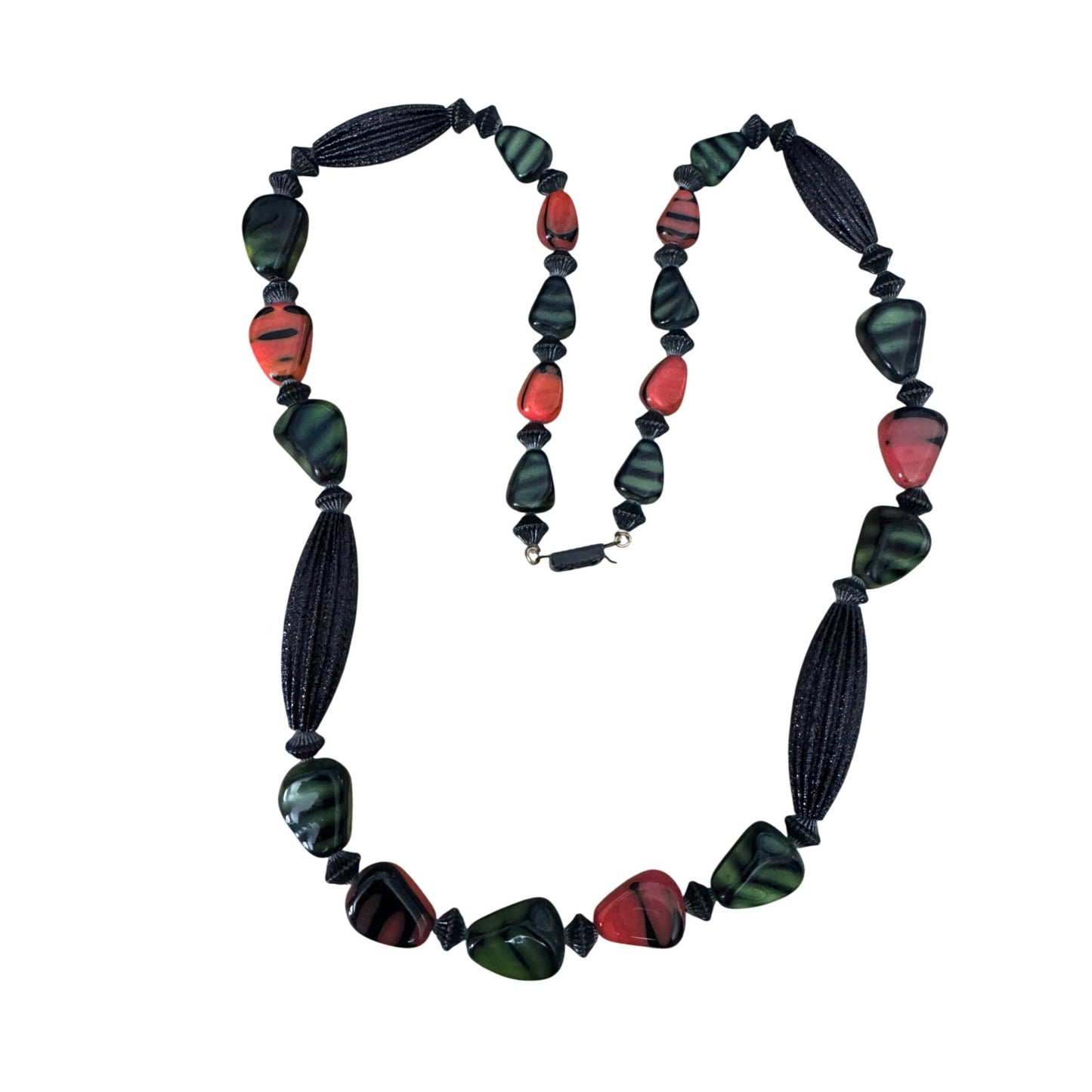 Vintage Orange Green Black Glass Beaded Necklace 22"