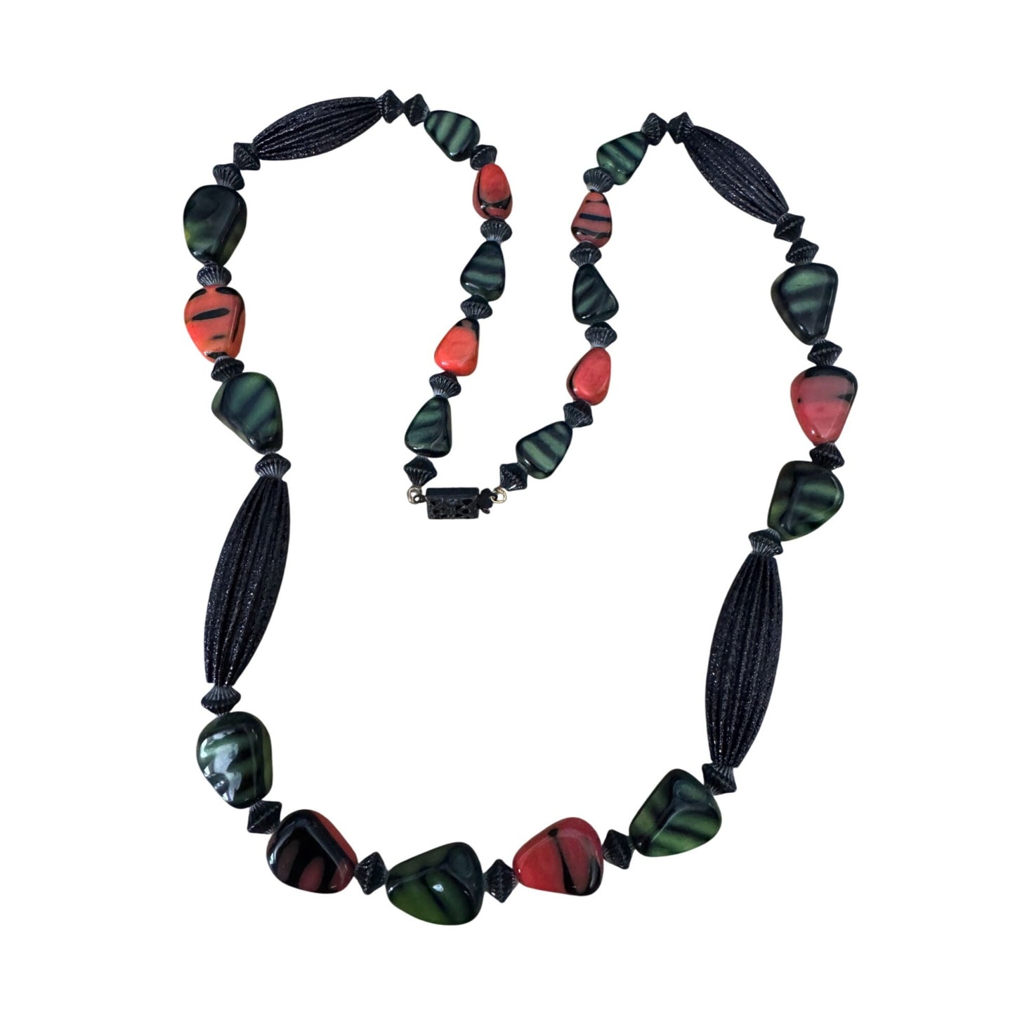 Vintage Orange Green Black Glass Beaded Necklace 22"