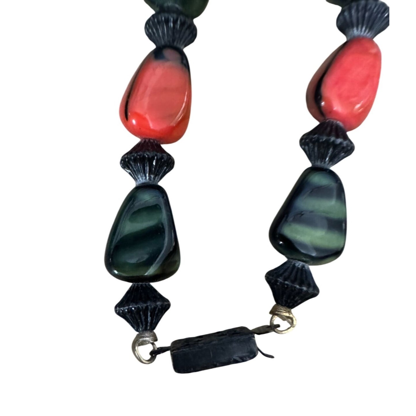 Vintage Orange Green Black Glass Beaded Necklace 22"
