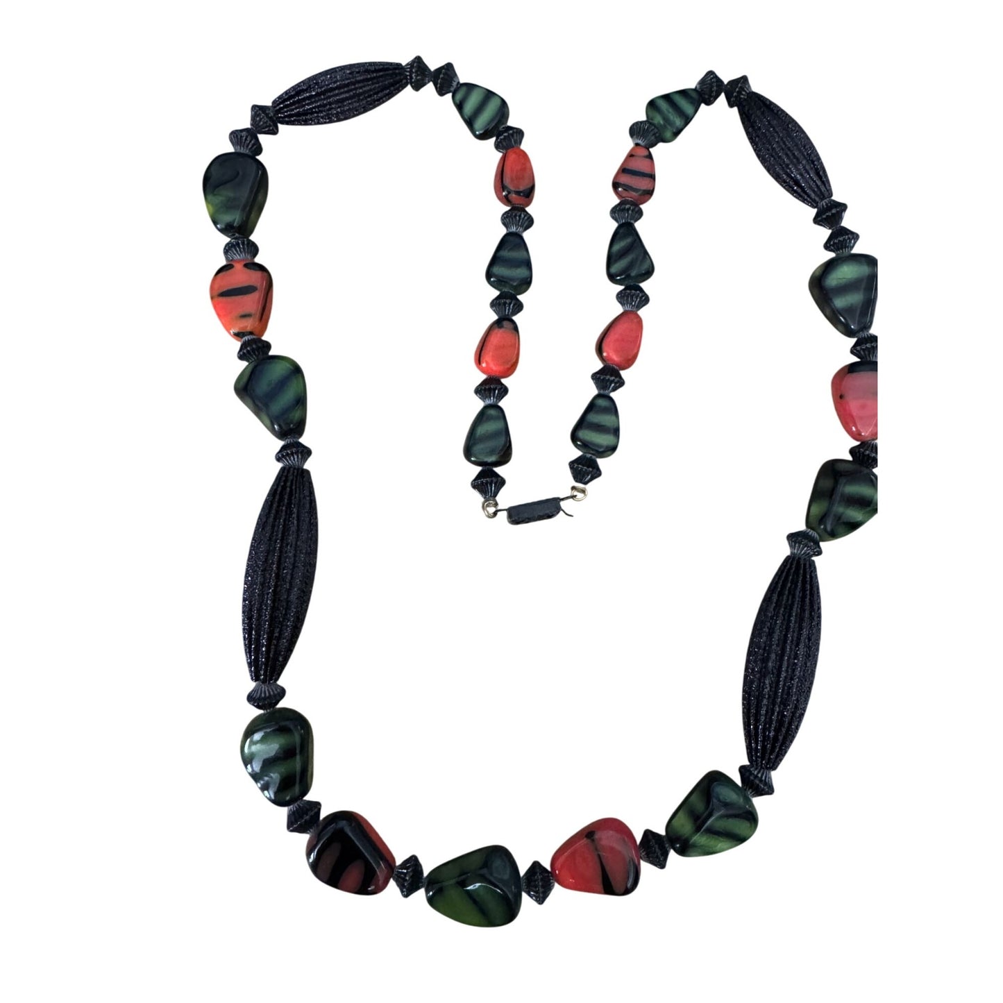 Vintage Orange Green Black Glass Beaded Necklace 22"