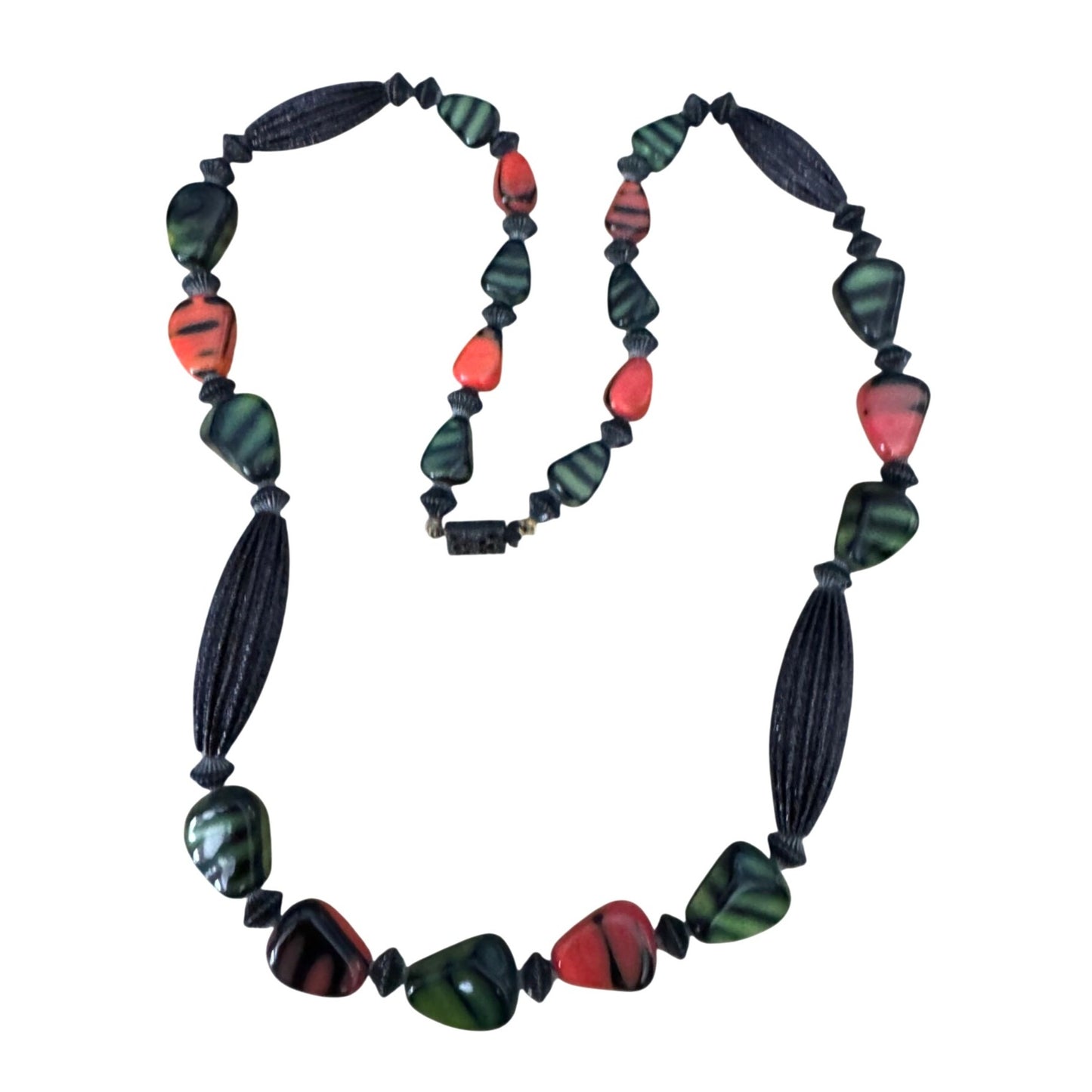 Vintage Orange Green Black Glass Beaded Necklace 22"
