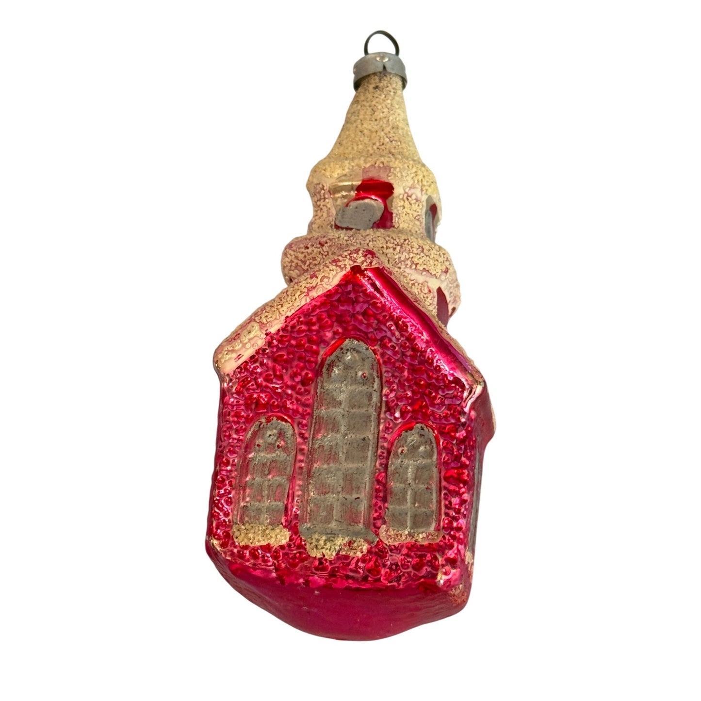 Vintage 3.75" West Germany Glass Church Ornament Red Mica Snow Steeple 1950