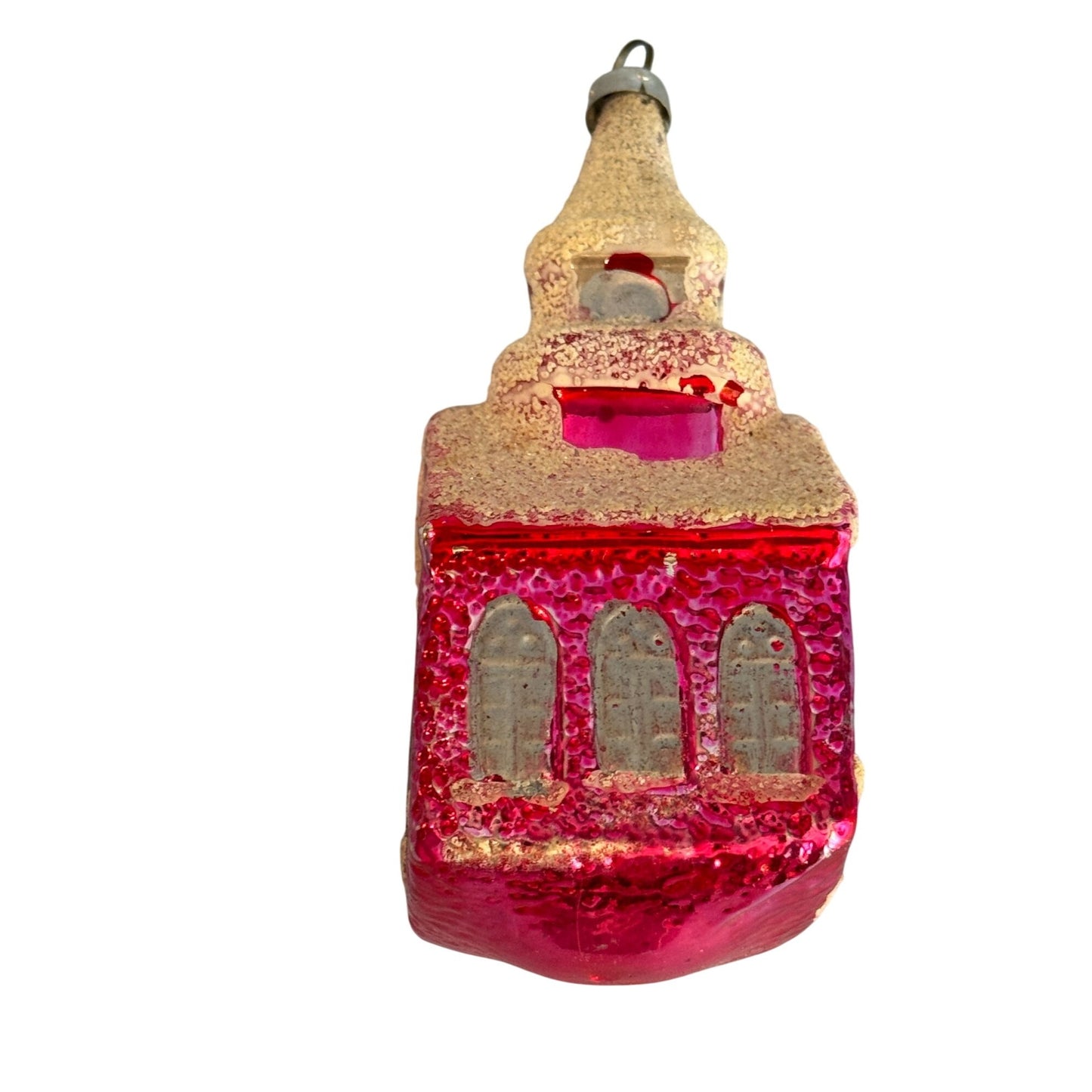 Vintage 3.75" West Germany Glass Church Ornament Red Mica Snow Steeple 1950