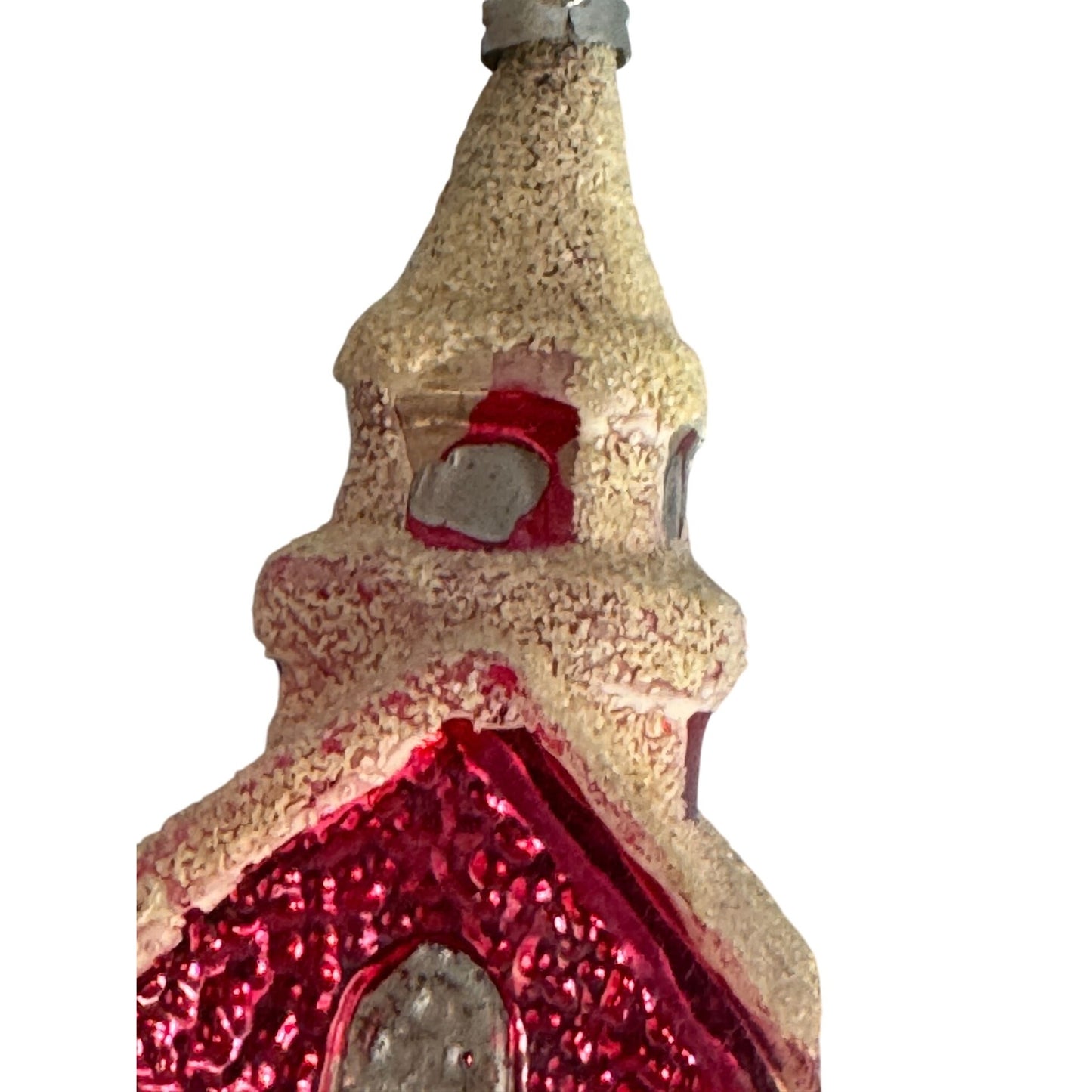 Vintage 3.75" West Germany Glass Church Ornament Red Mica Snow Steeple 1950