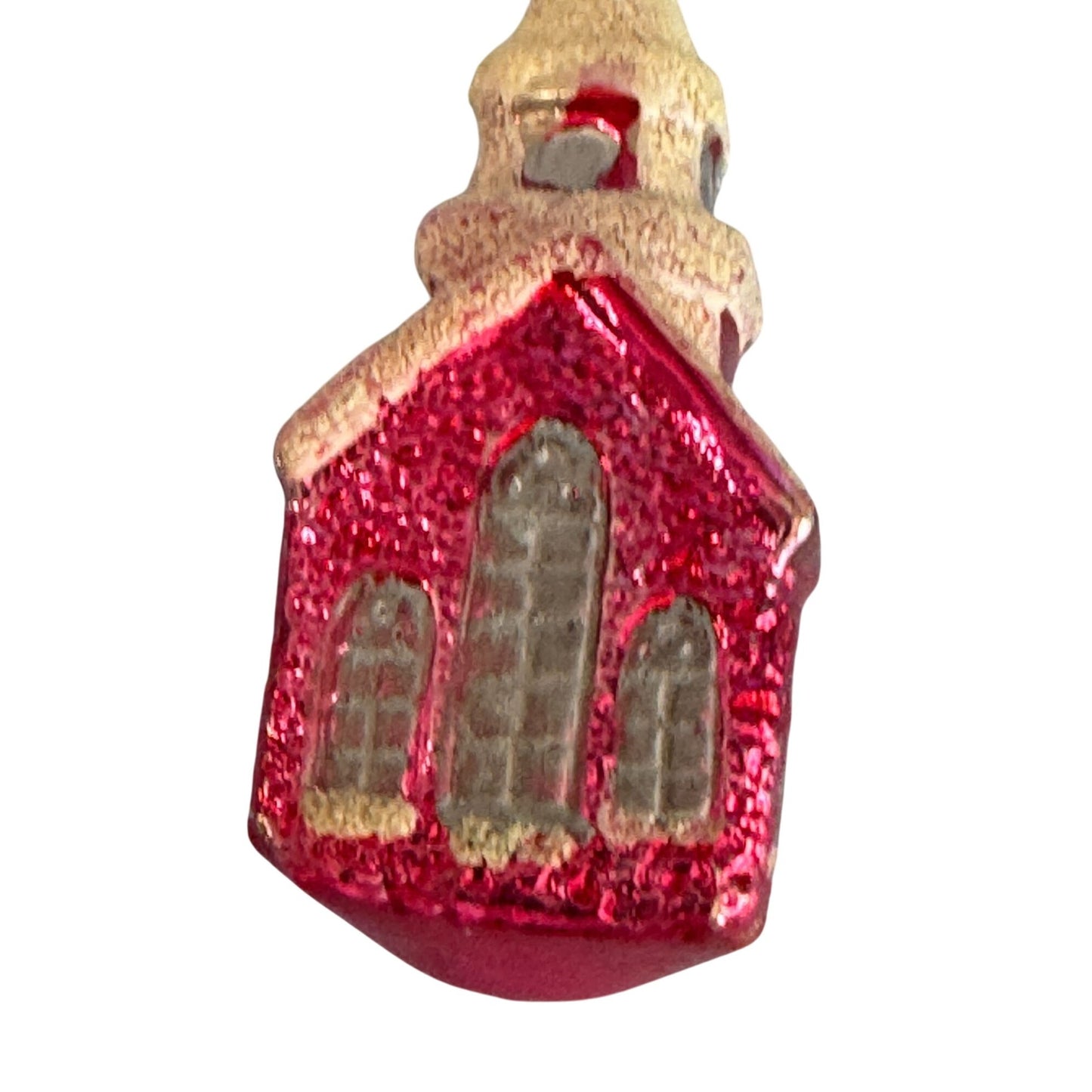 Vintage 3.75" West Germany Glass Church Ornament Red Mica Snow Steeple 1950