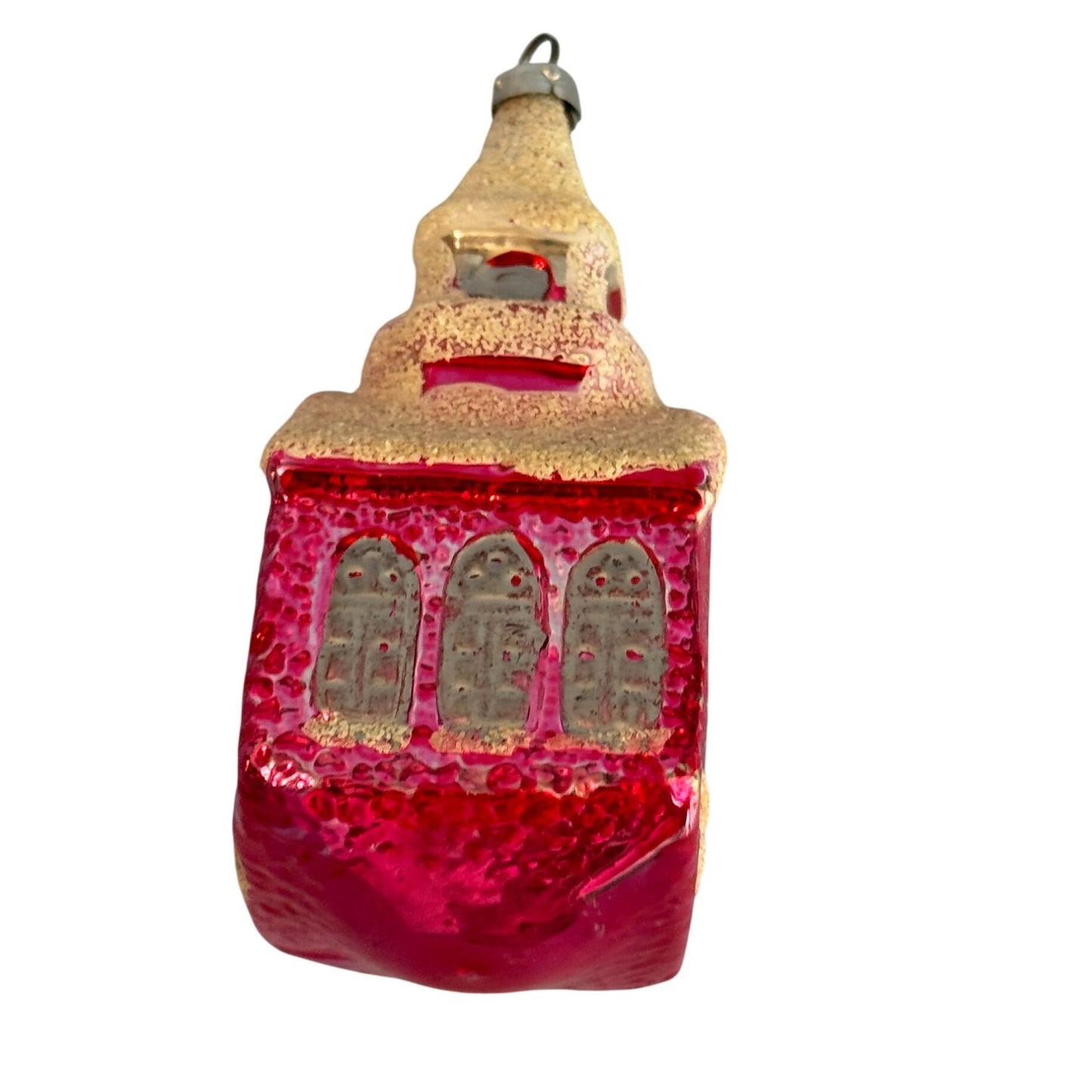Vintage 3.75" West Germany Glass Church Ornament Red Mica Snow Steeple 1950