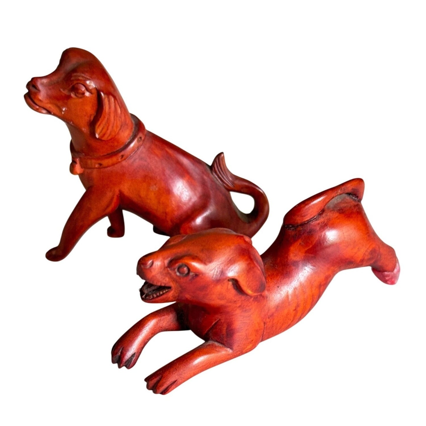Vintage Boxwood Hand-Carved Japanese Netsuke Dogs - Sitting & Playful Poses