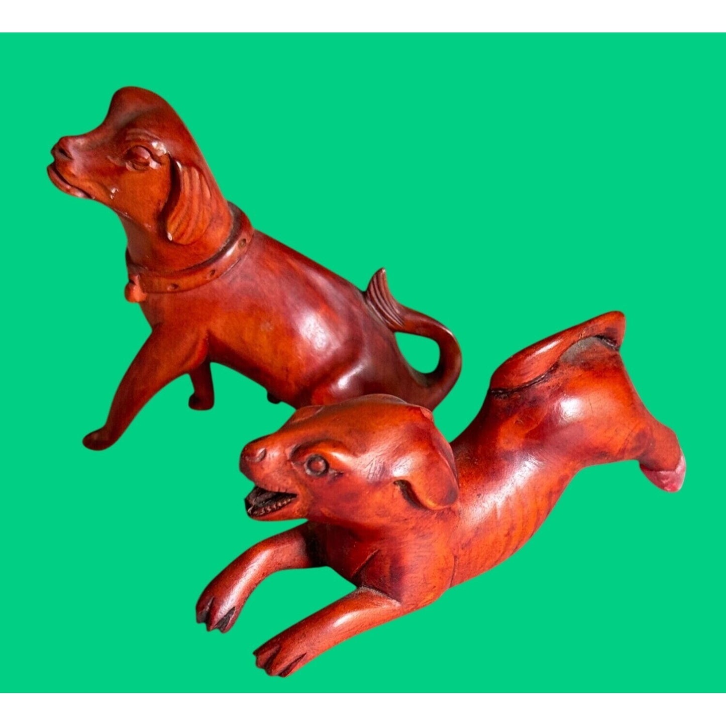 Vintage Boxwood Hand-Carved Japanese Netsuke Dogs - Sitting & Playful Poses