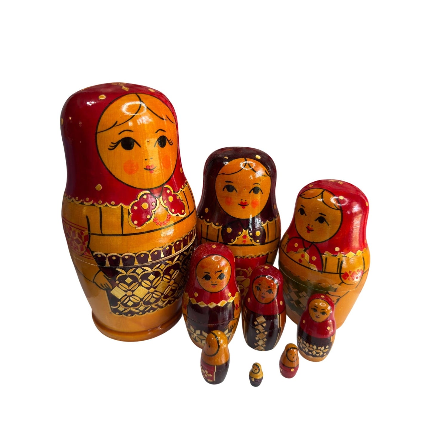 Vintage USSR Russian Matryoshka Nesting Dolls Set 9 Hand Painted 8" Stamped