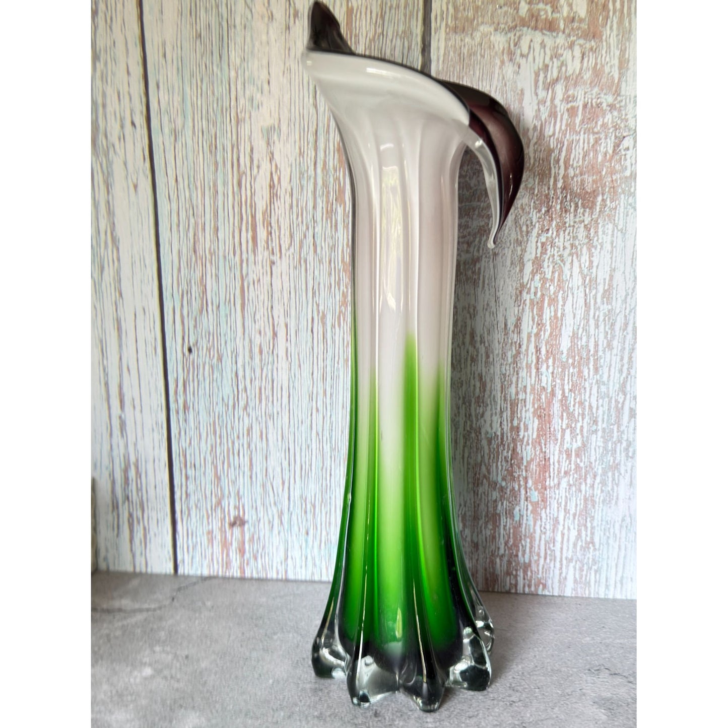 Jack-In-The-Pulpit Hand-Blown Art Glass Vase Green & White Ombre w/Purple Rim 12" Tall