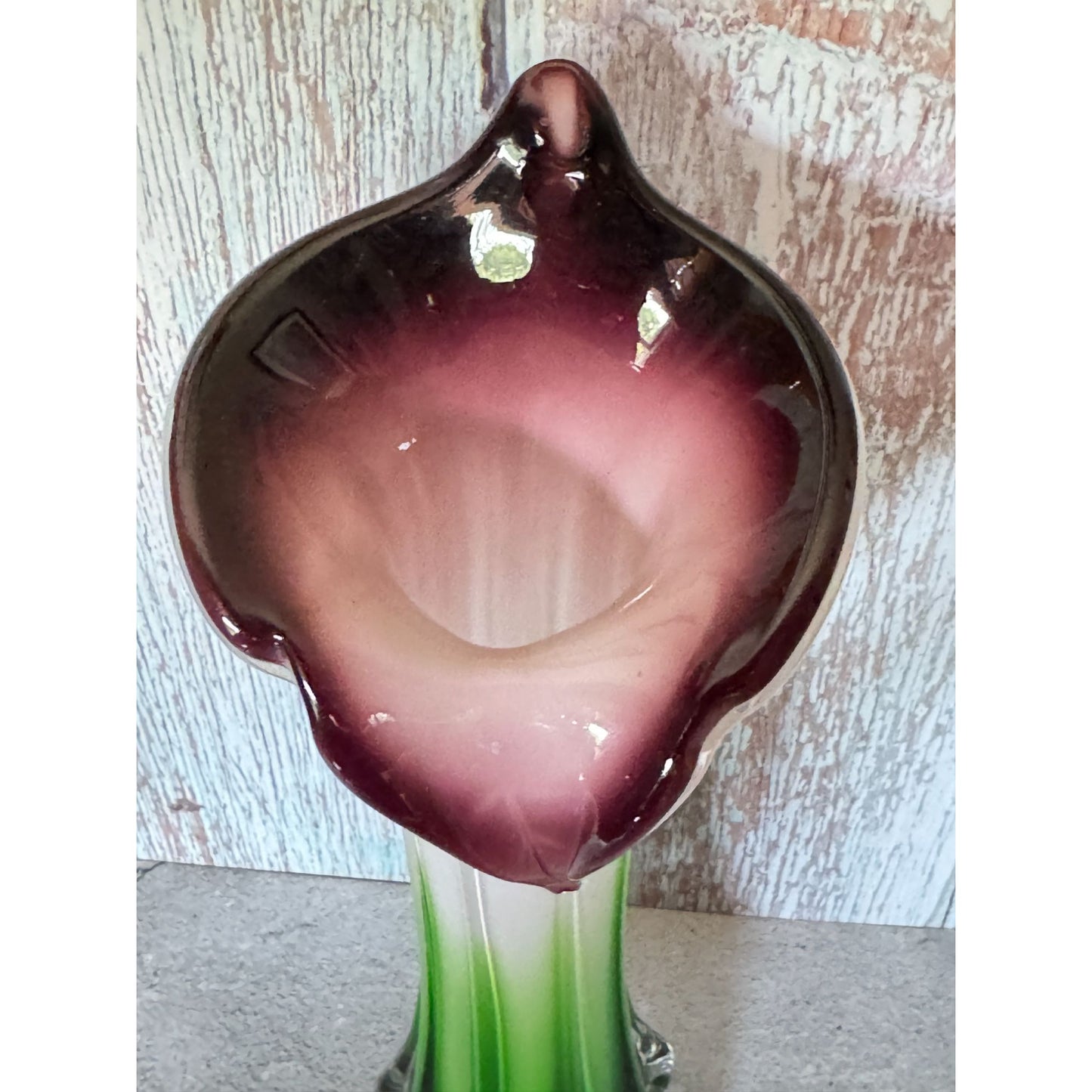 Jack-In-The-Pulpit Hand-Blown Art Glass Vase Green & White Ombre w/Purple Rim 12" Tall