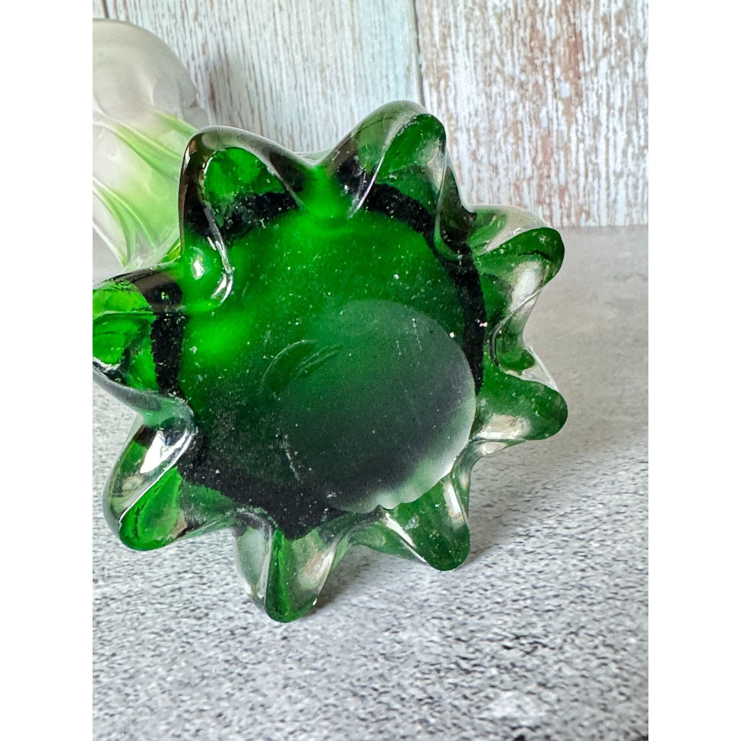 Jack-In-The-Pulpit Hand-Blown Art Glass Vase Green & White Ombre w/Purple Rim 12" Tall