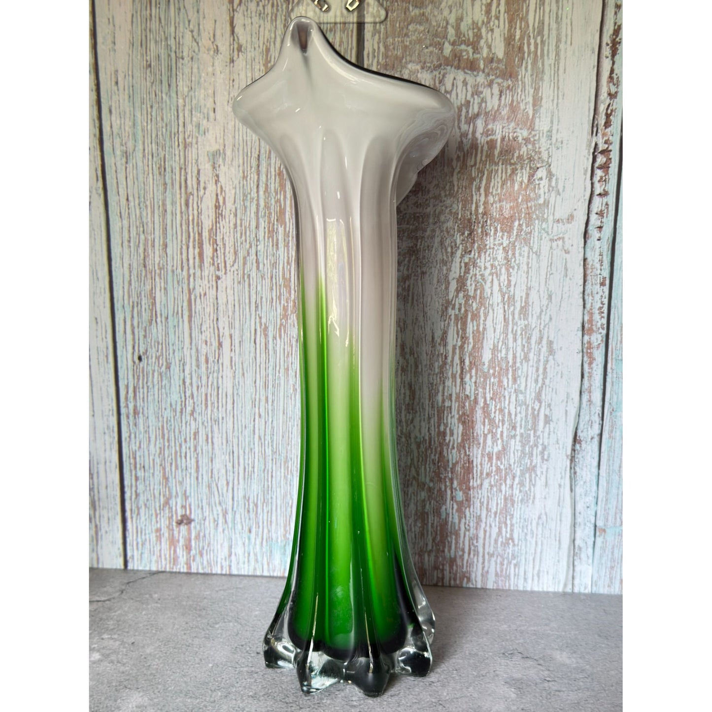 Jack-In-The-Pulpit Hand-Blown Art Glass Vase Green & White Ombre w/Purple Rim 12" Tall
