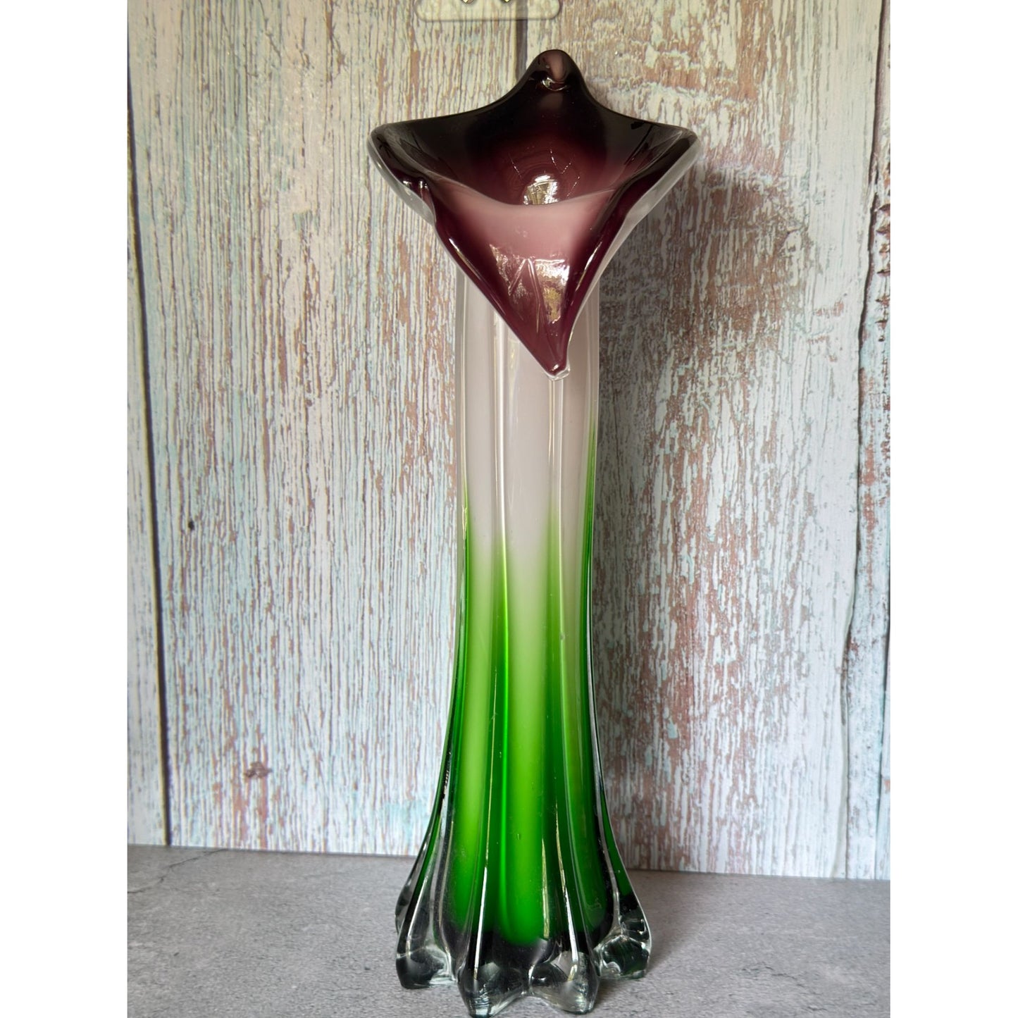 Jack-In-The-Pulpit Hand-Blown Art Glass Vase Green & White Ombre w/Purple Rim 12" Tall