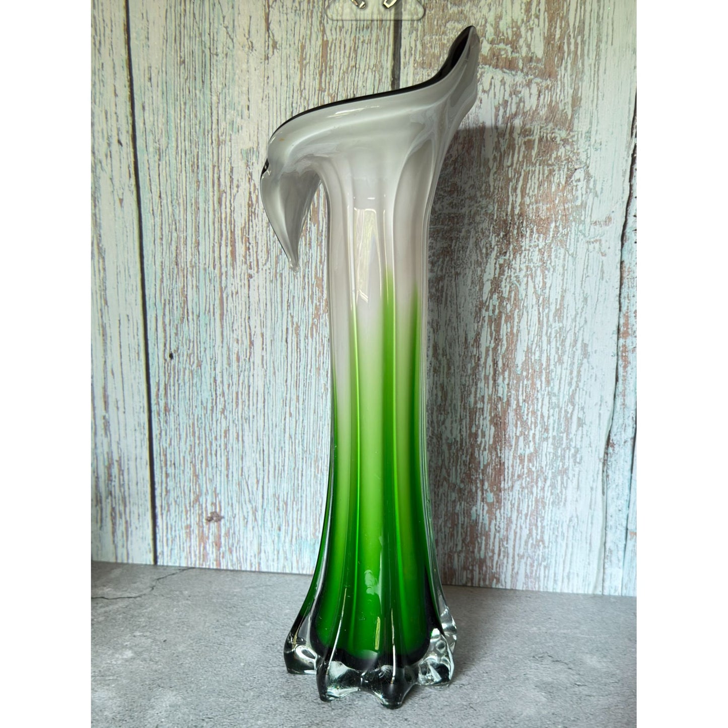 Jack-In-The-Pulpit Hand-Blown Art Glass Vase Green & White Ombre w/Purple Rim 12" Tall